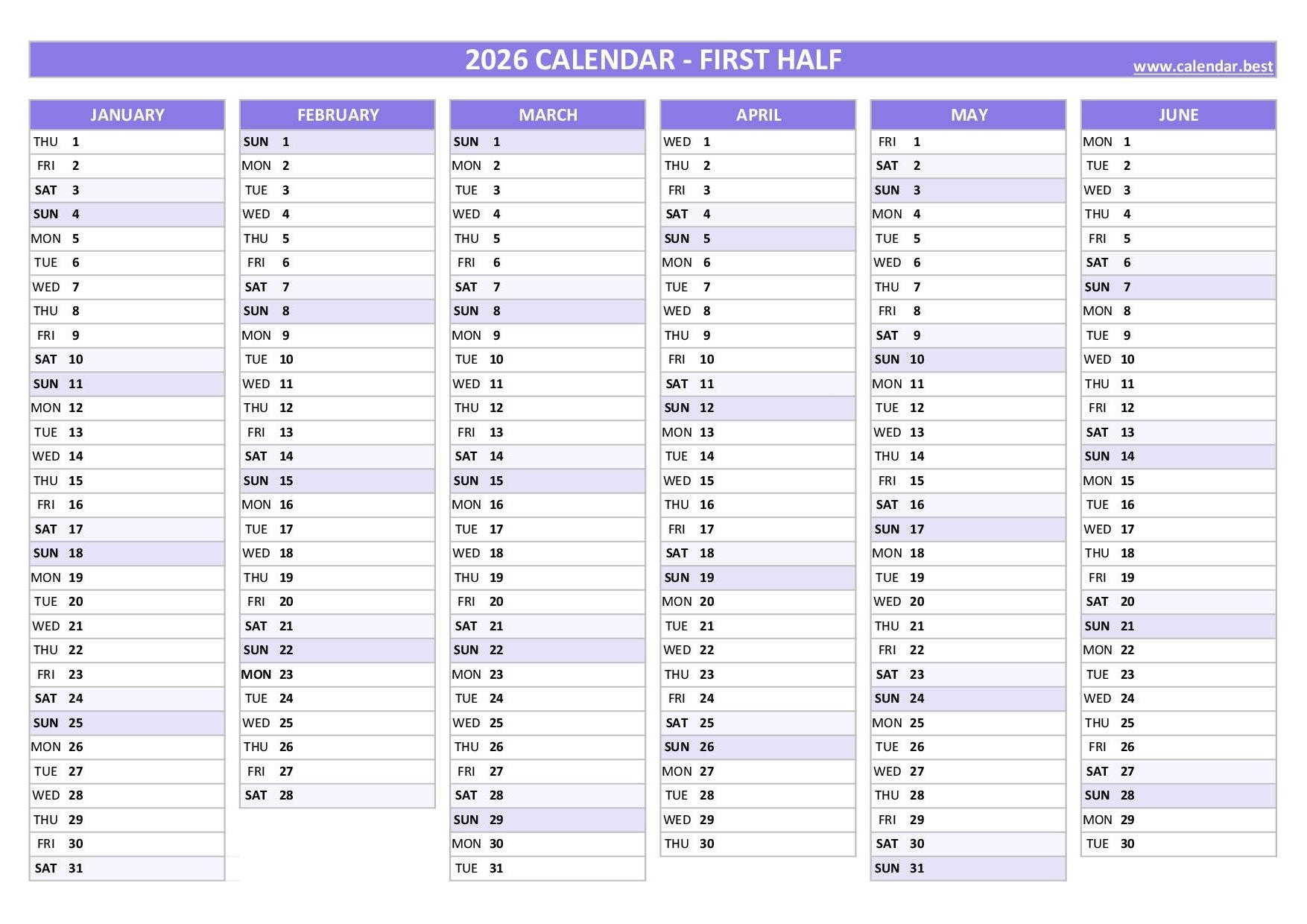 Year 2026 Calendar Printable