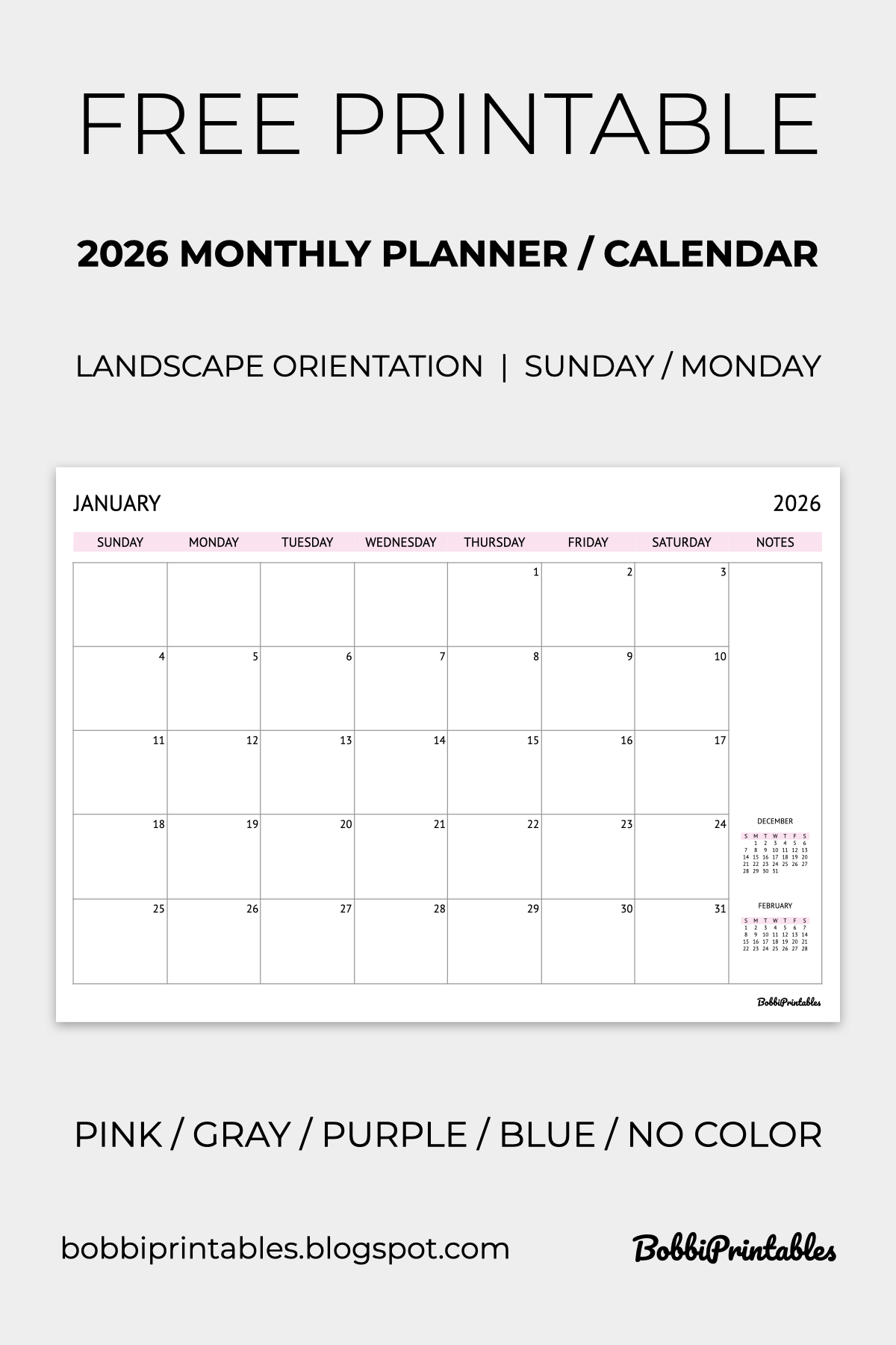 Free Printable Calendar Planner 2026