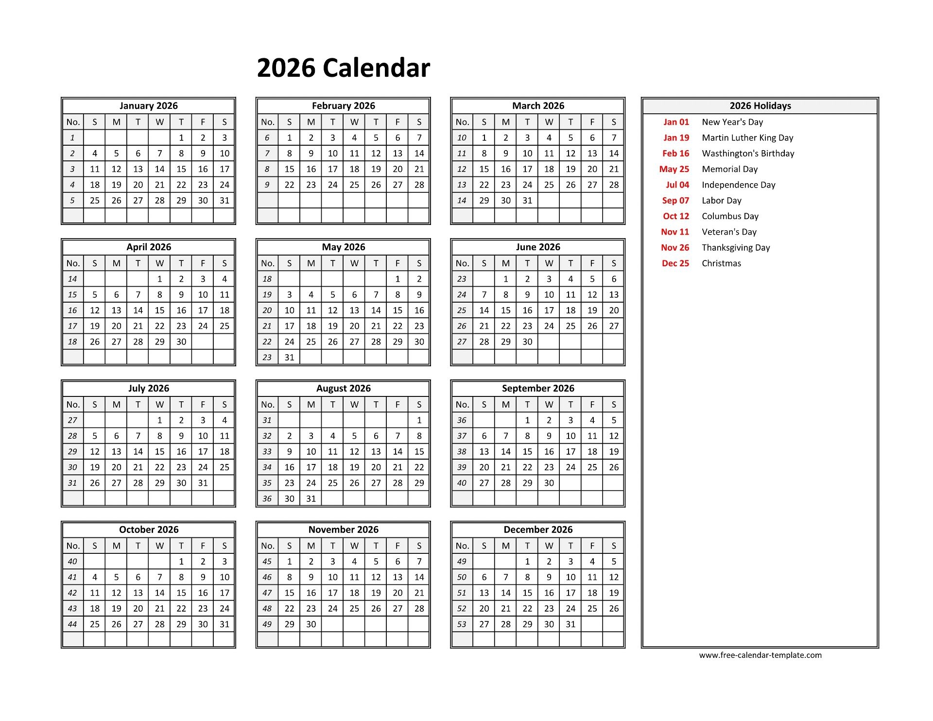 2026 12 Month Printable Calendar 2026 12 Month Printable Calendar