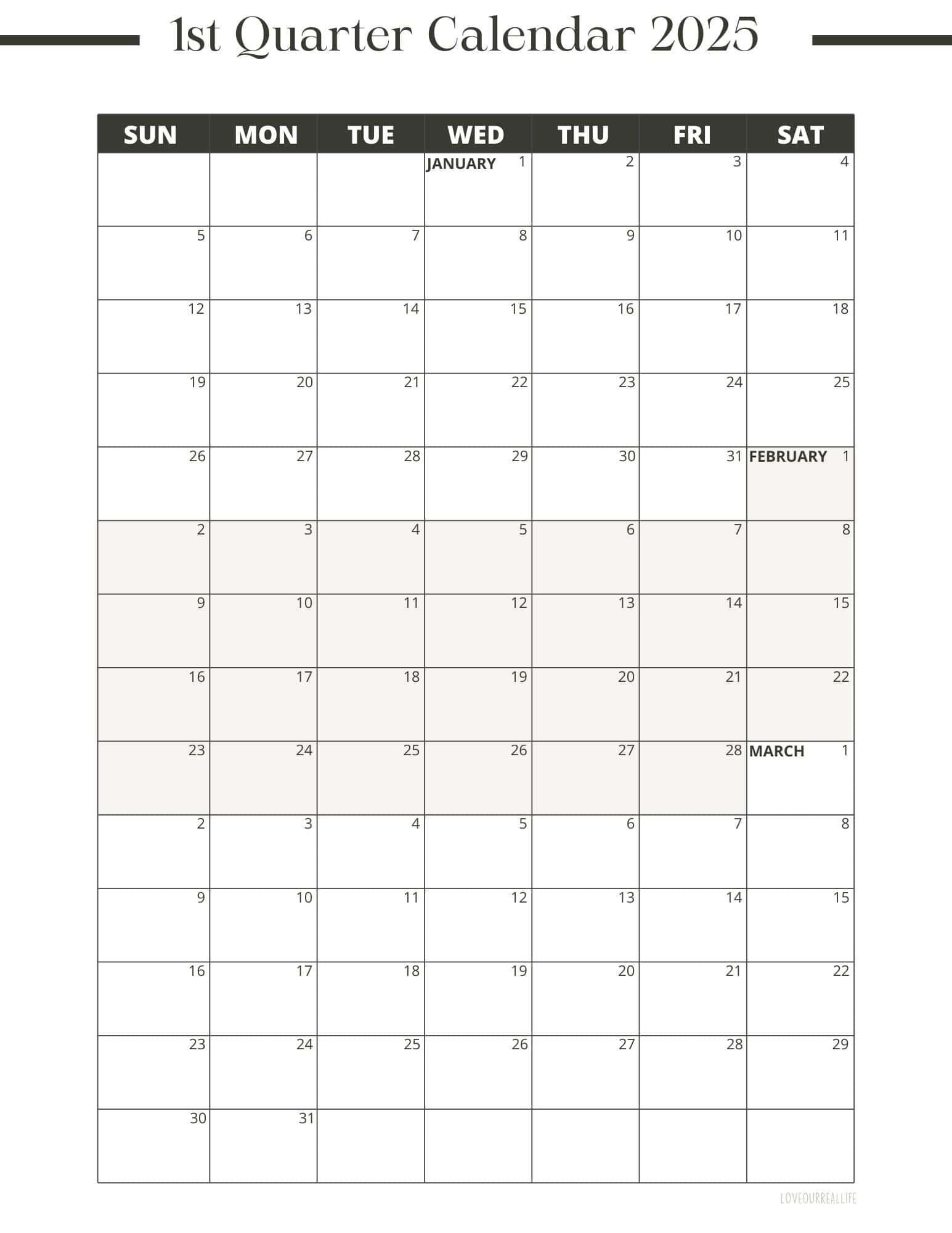 1st Quarter 2026 Calendar Printable