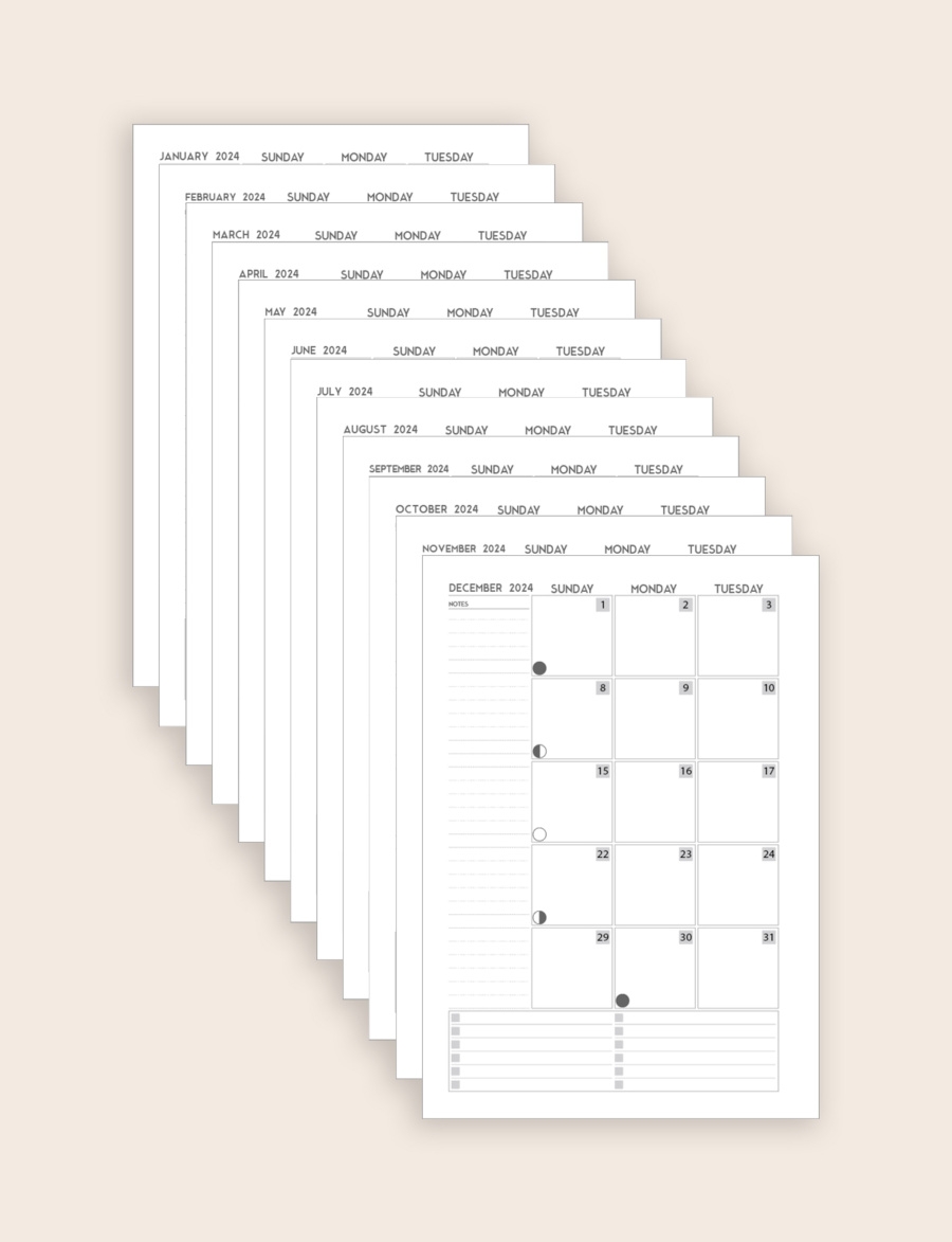 A5 2024 Dated Calendar Printable PDF Template Download