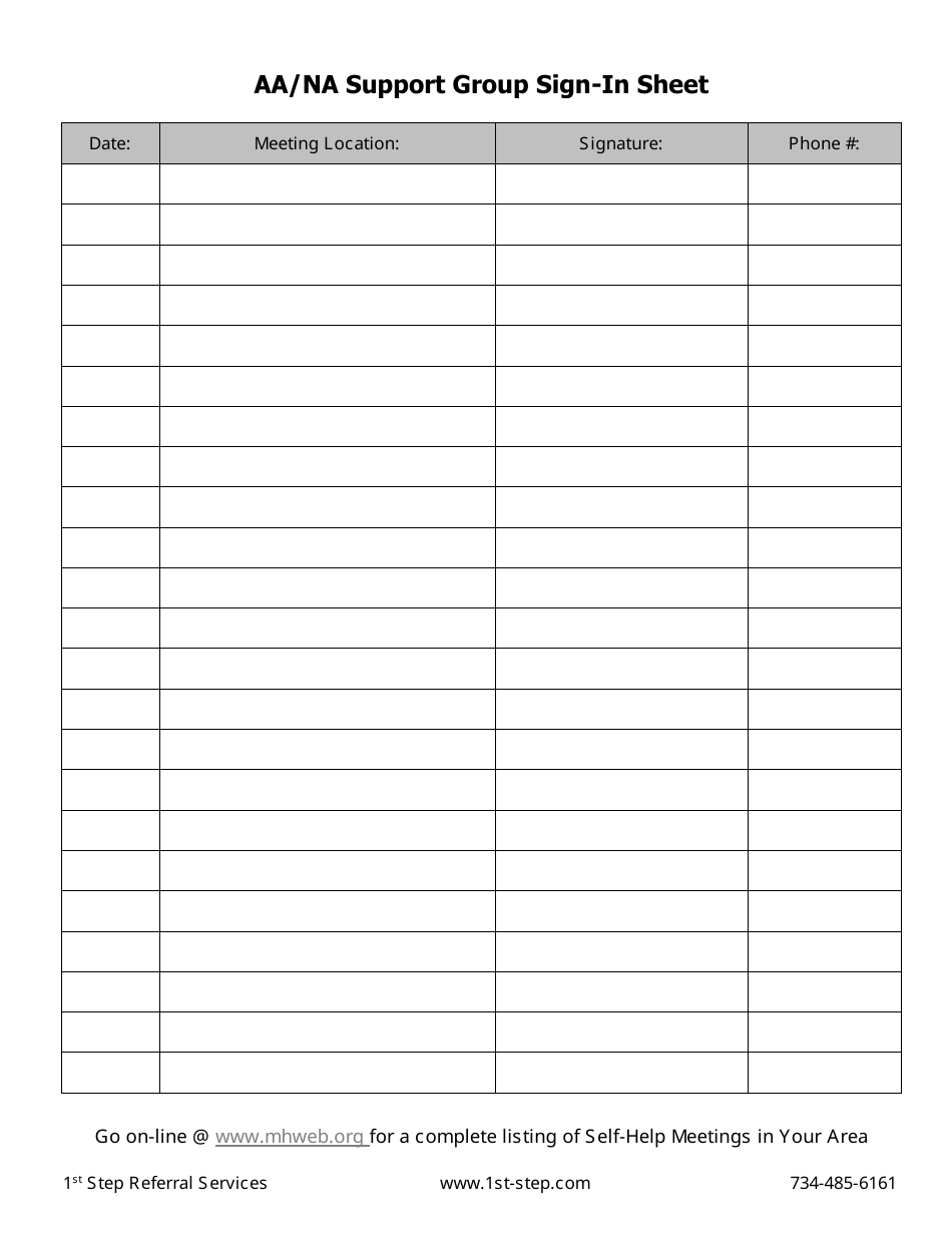 Aa Na Support Group Sign In Sheet Template Download Printable PDF Templateroller