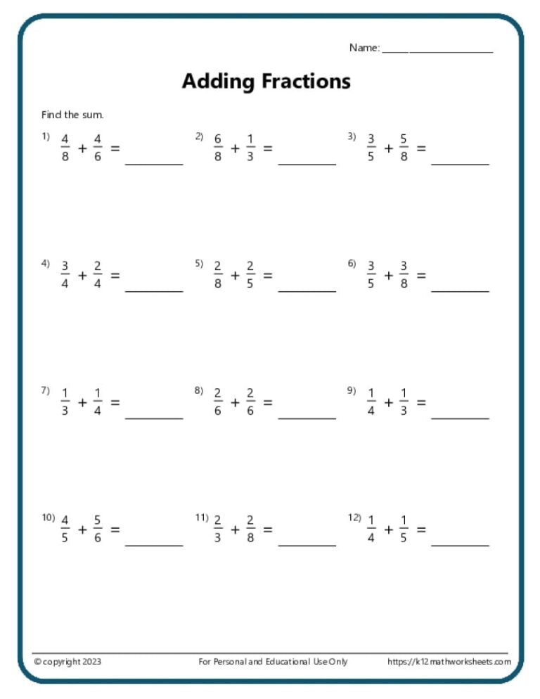 Adding Fractions With Unlike Denominators Worksheets