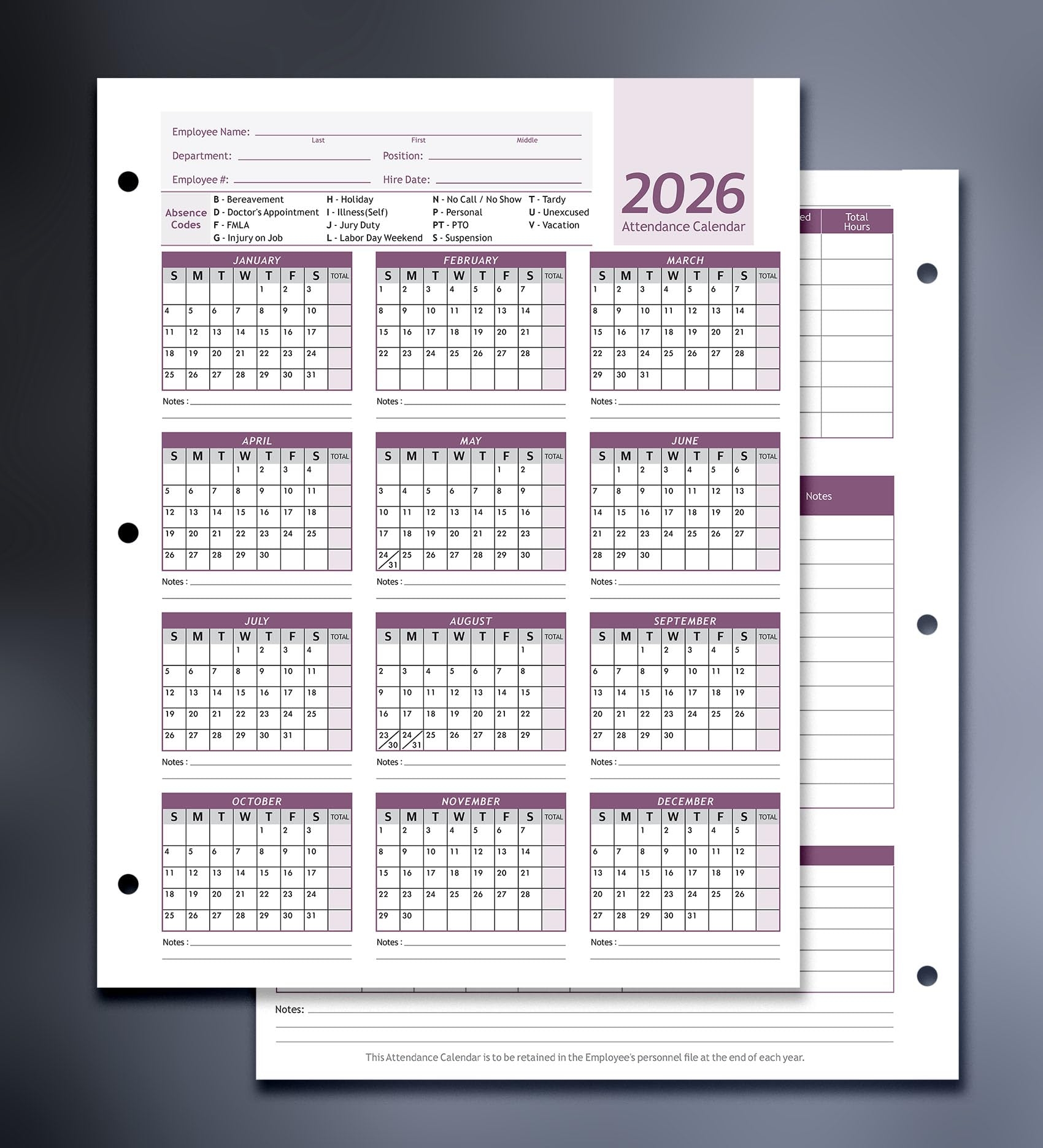 Amazon Attendance Calendar Employee Card Attendance Record Tracker 2026 Heavy 100lb Cardstock Paper 8 5 X 11 Inches Purple Pack Of 25 Sheets Office Products