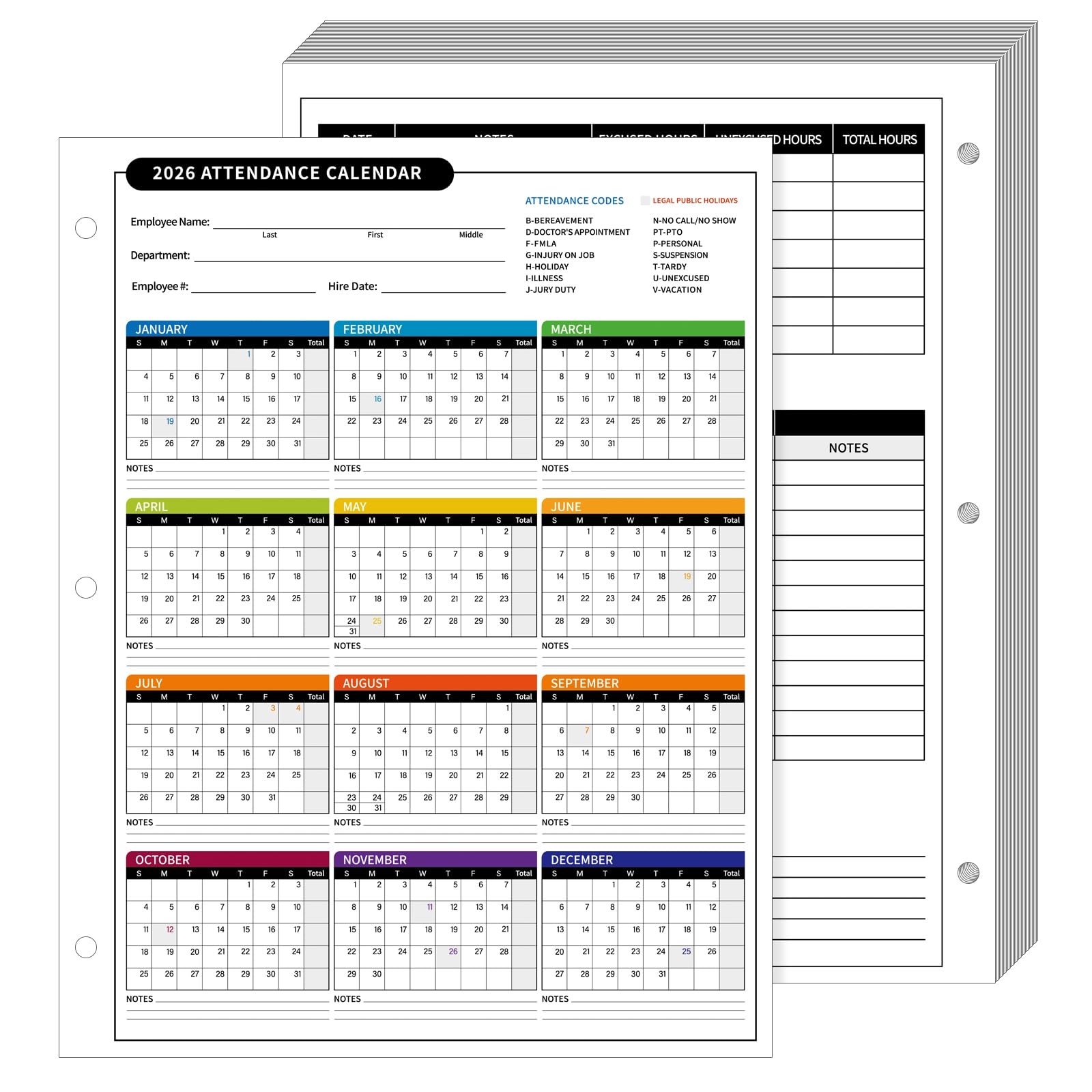 Amazon ReliThick 50 Pcs 2026 Attendance Calendar Card Stock Paper 2026 Attendance Sheets For 3 Hole Binder Employee Record Folders Multicolor Office Products