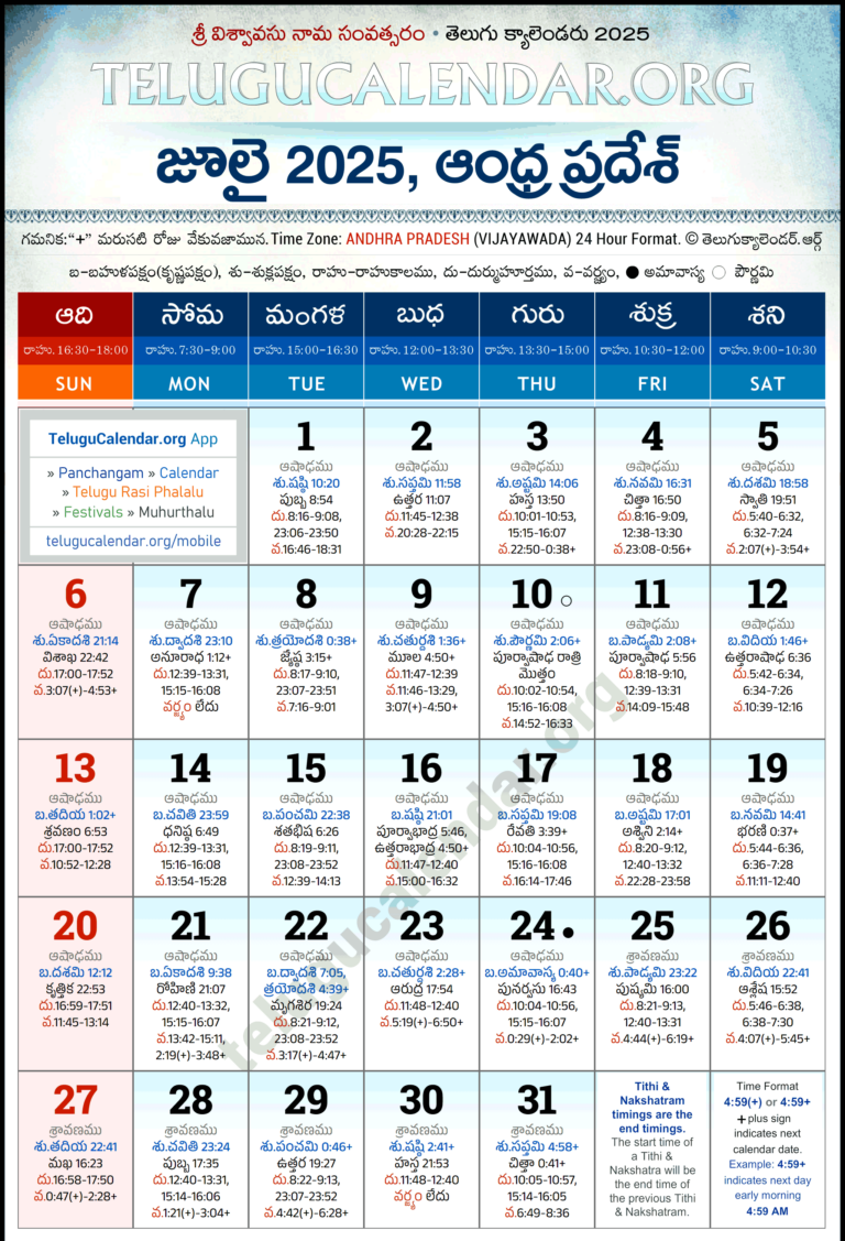 Andhra Pradesh Telugu Calendar 2025 July PDF Festivals