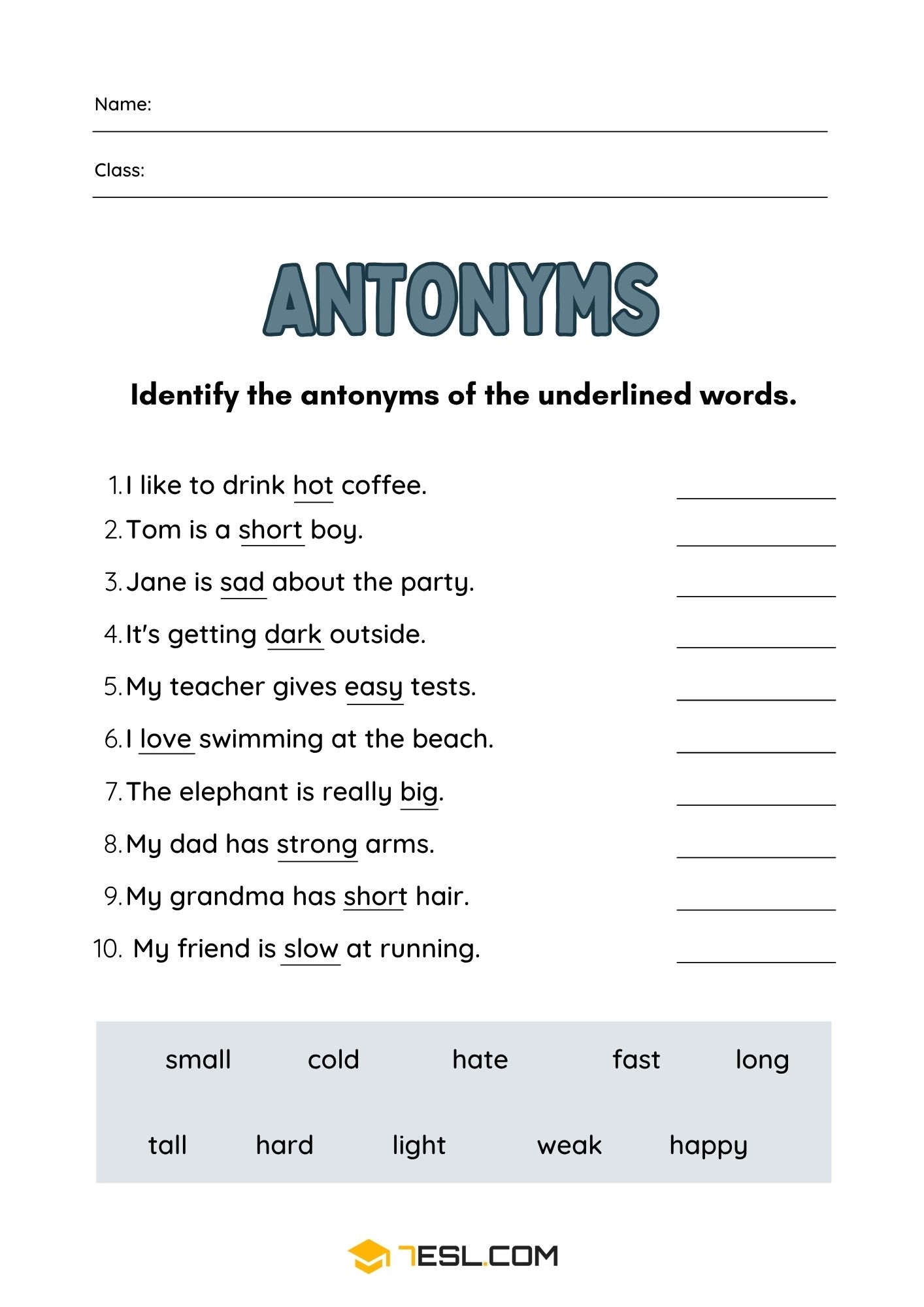 Antonyms Worksheets For All Ages 7ESL