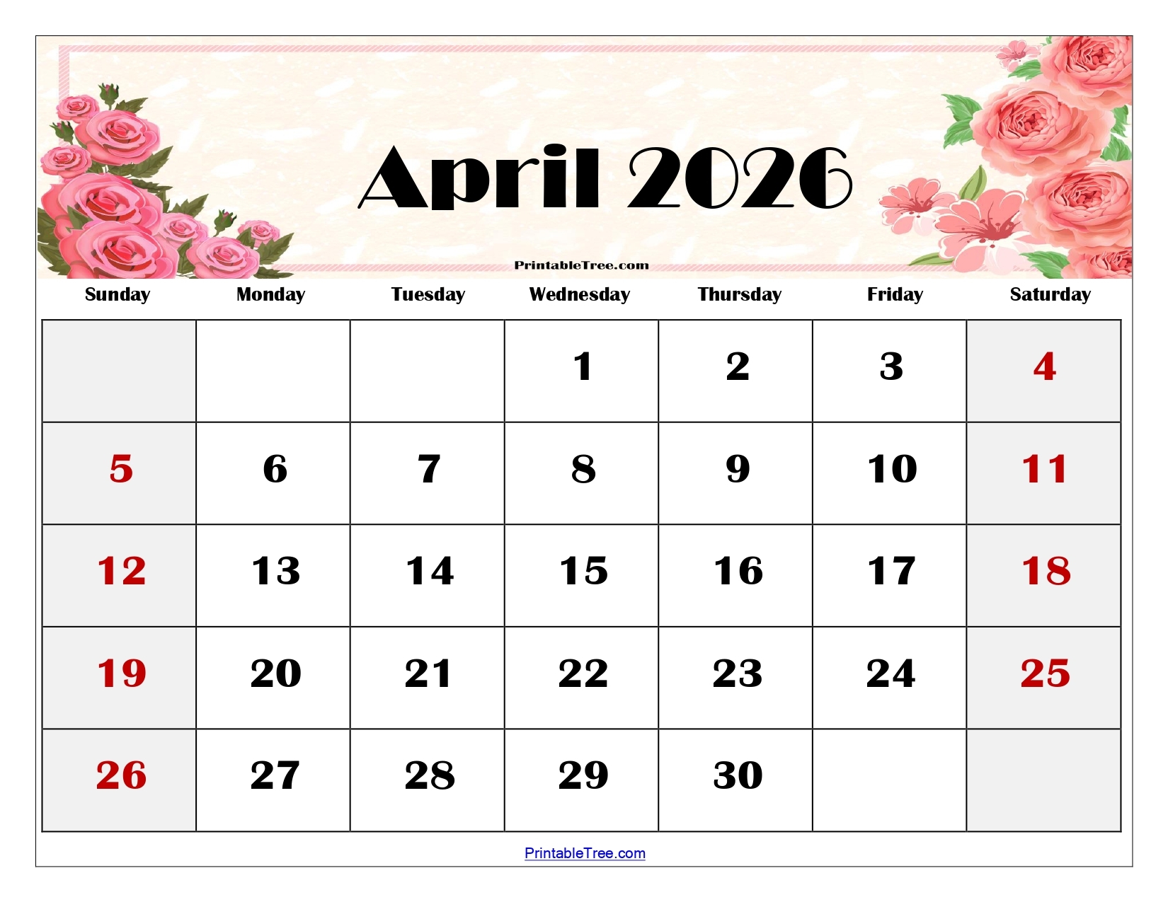 April Calendar 2026 Printable