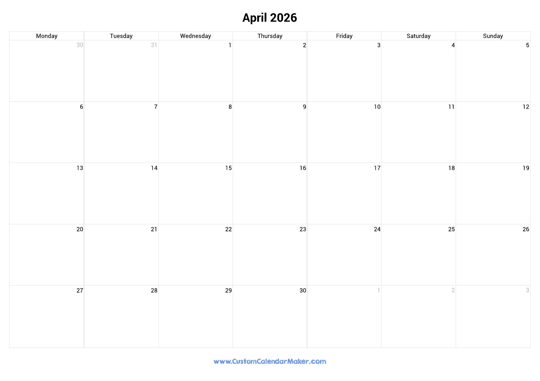 April 2026 Monday Start Calendar Monday To Sunday Custom Calendar Maker