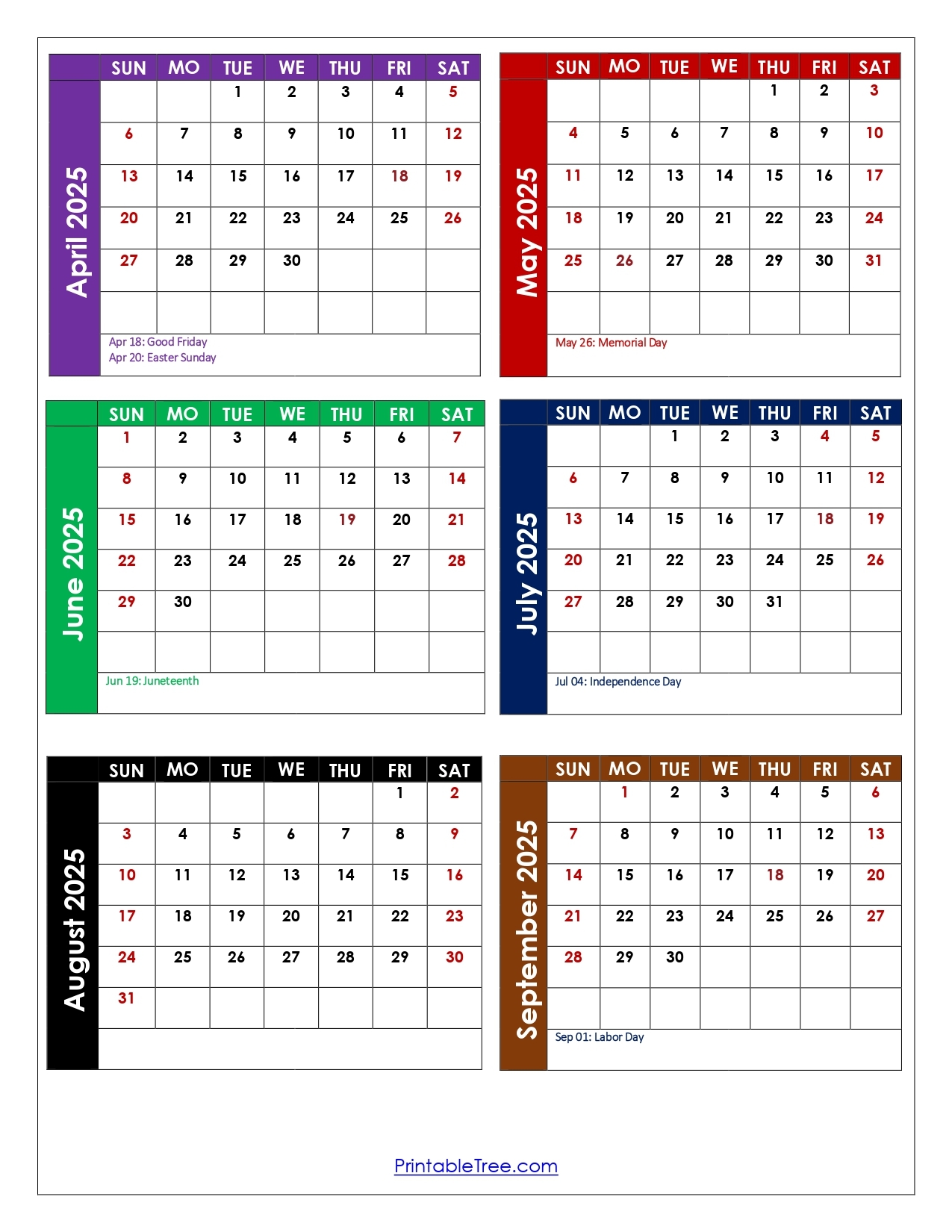 April To September 2025 Calendar Printable PDF Six Months Calendar