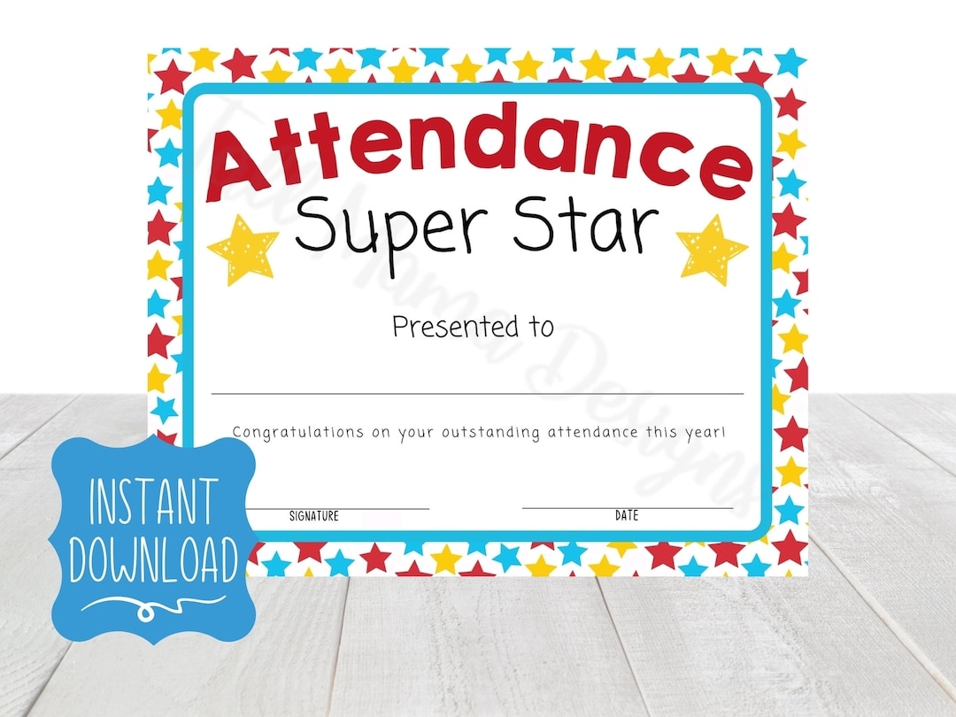 Attendance Award Certificate Printable Perfect Attendance Certificate Attendance Award Printable School Attendance Certificate Kid Award Etsy