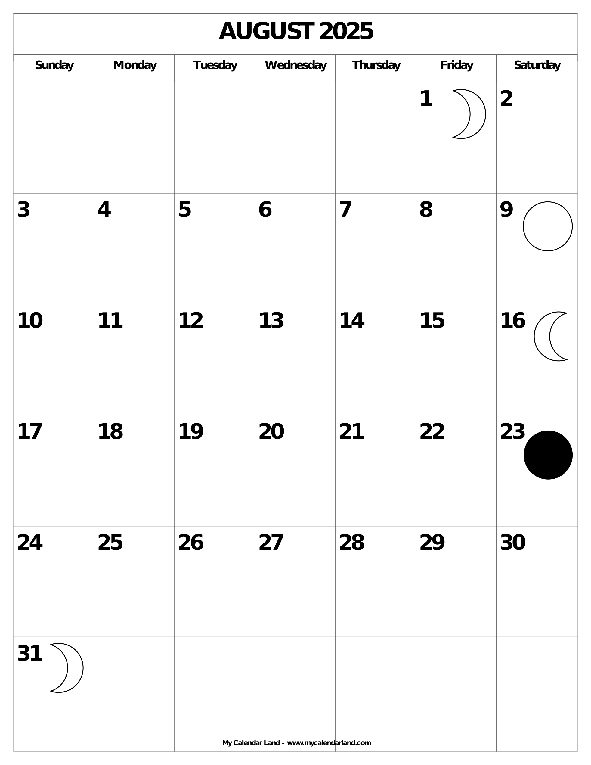 Monthly Calendar August 2025