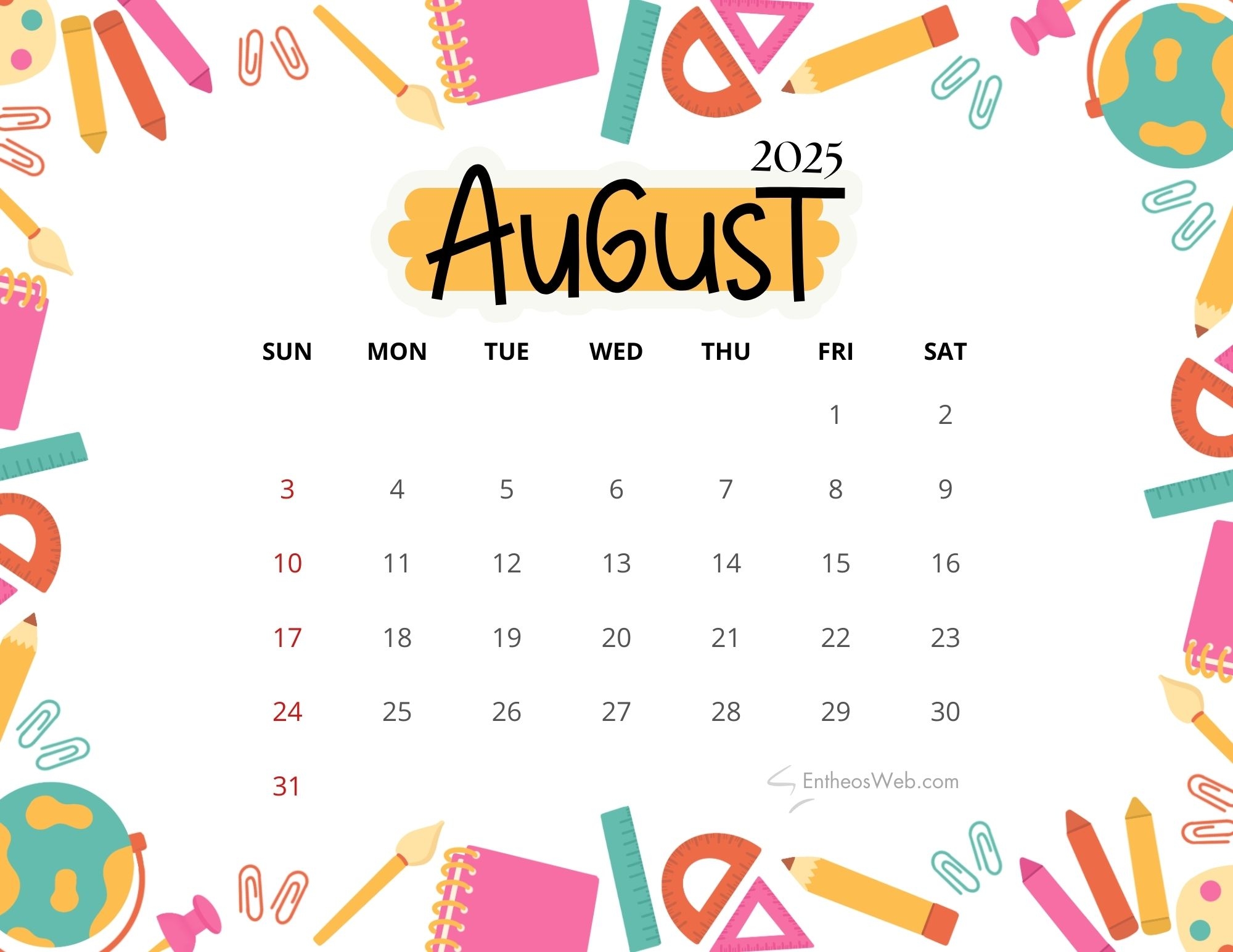 July August 2025 Calendar Printable