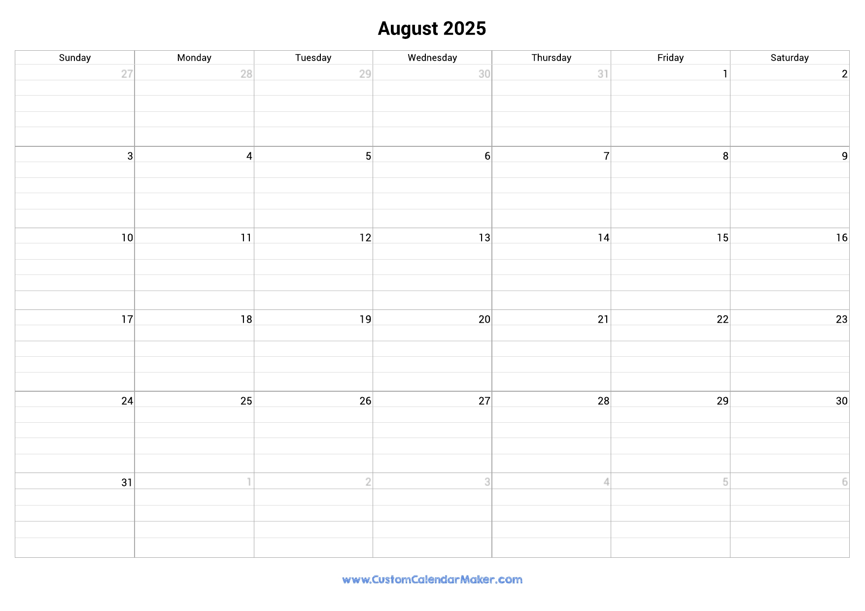 August 2025 Fillable Calendar Grid With Lines Custom Calendar Maker