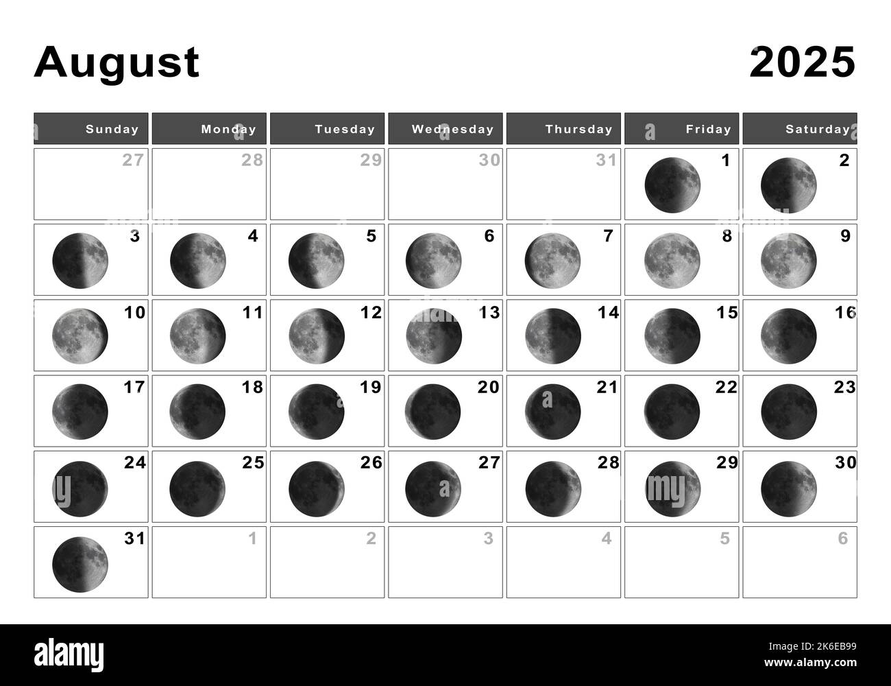 August 2025 Lunar Calendar Moon Cycles Moon Phases Stock Photo Alamy