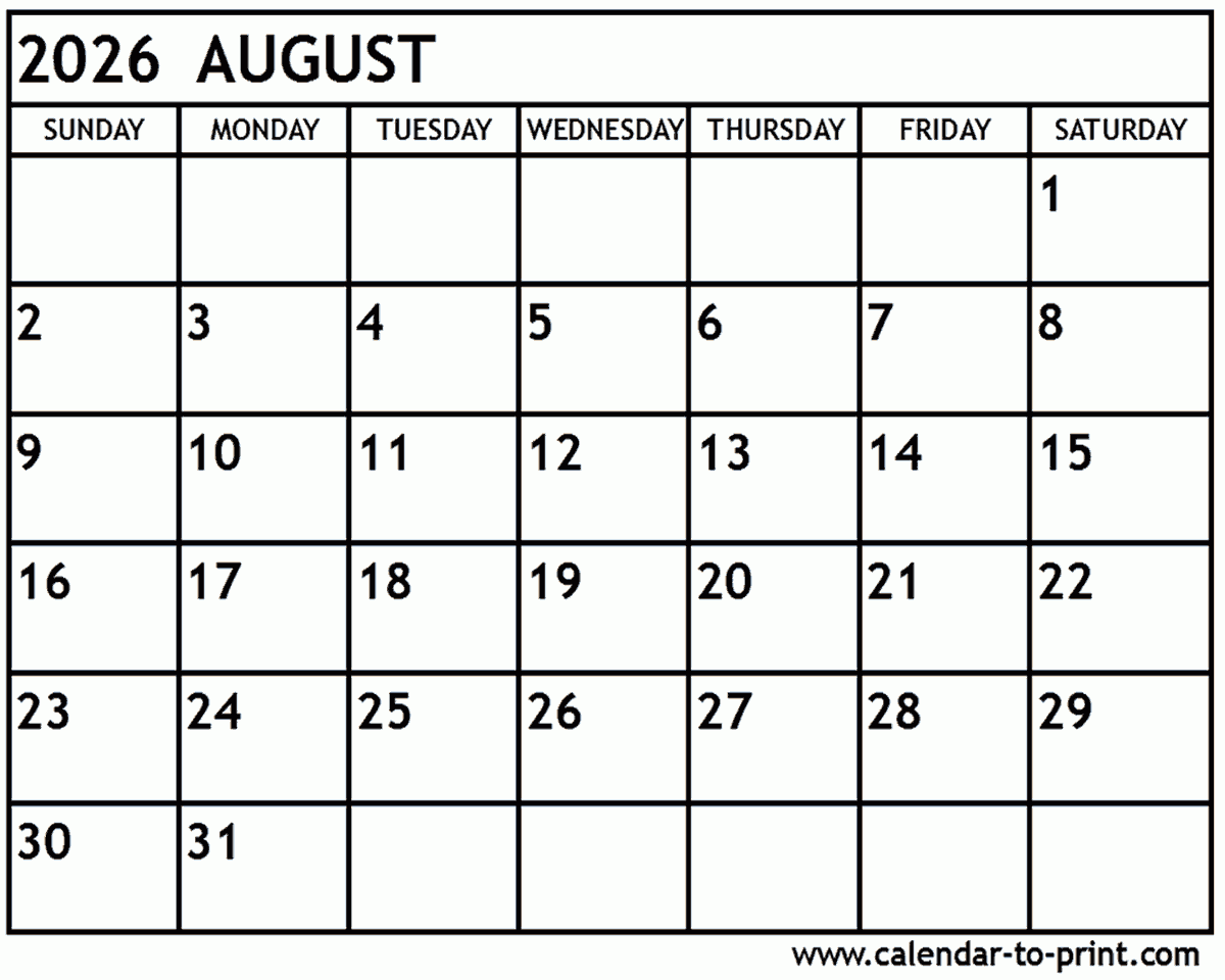 August 2026 Calendar Printable