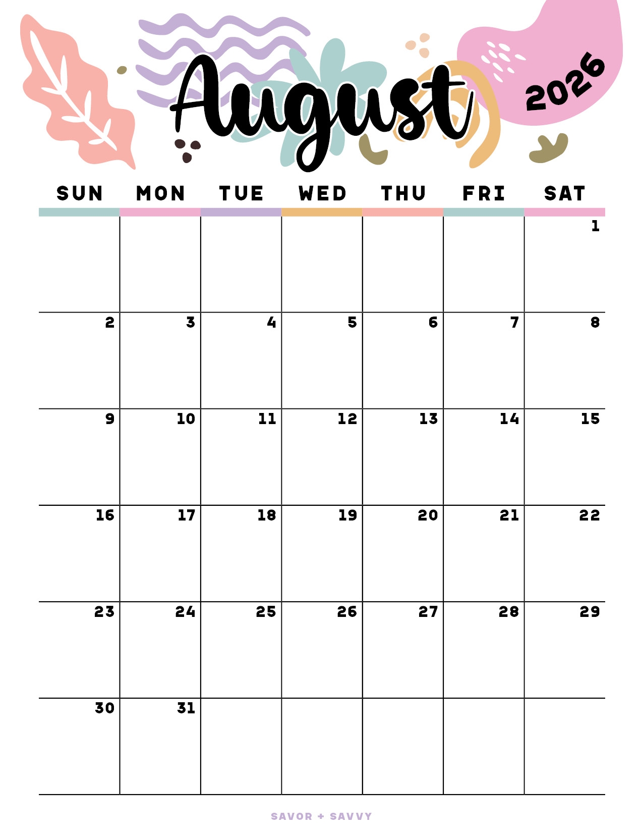 Free Printable Monthly Calendar August 2026
