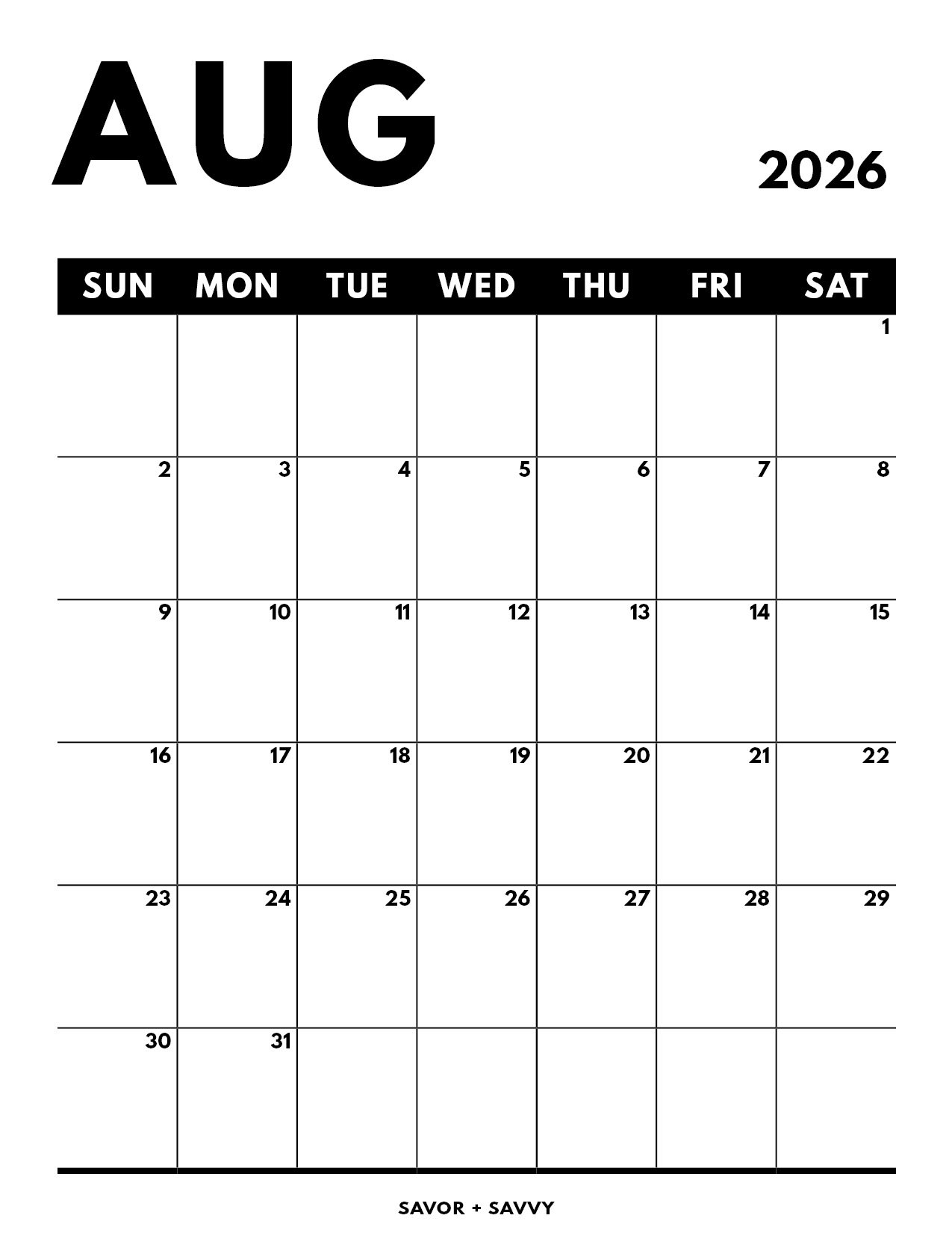 August 2026 Calendar Templates 14 Free Printables Savor Savvy