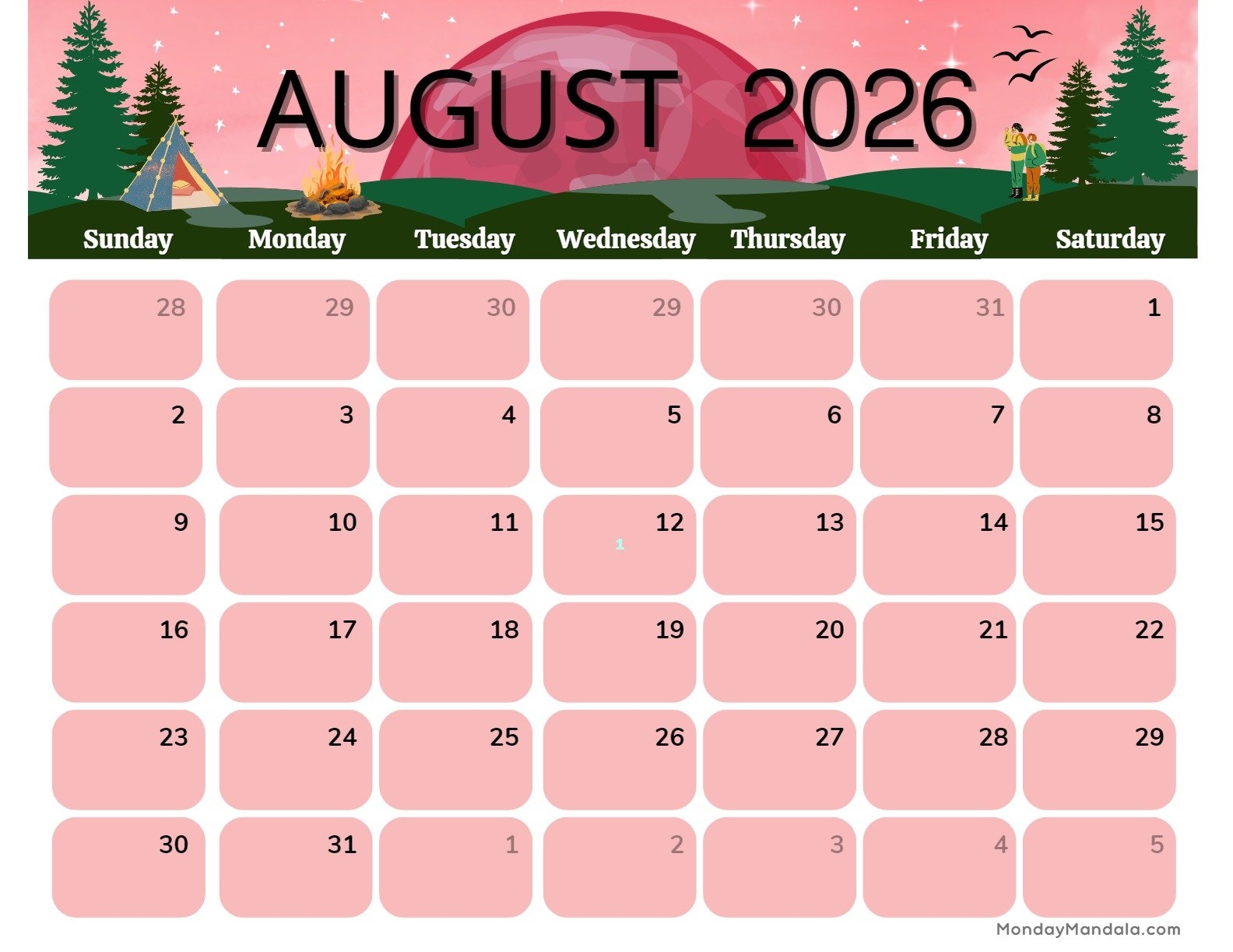 Blank August 2026 Calendar Printable Pdf