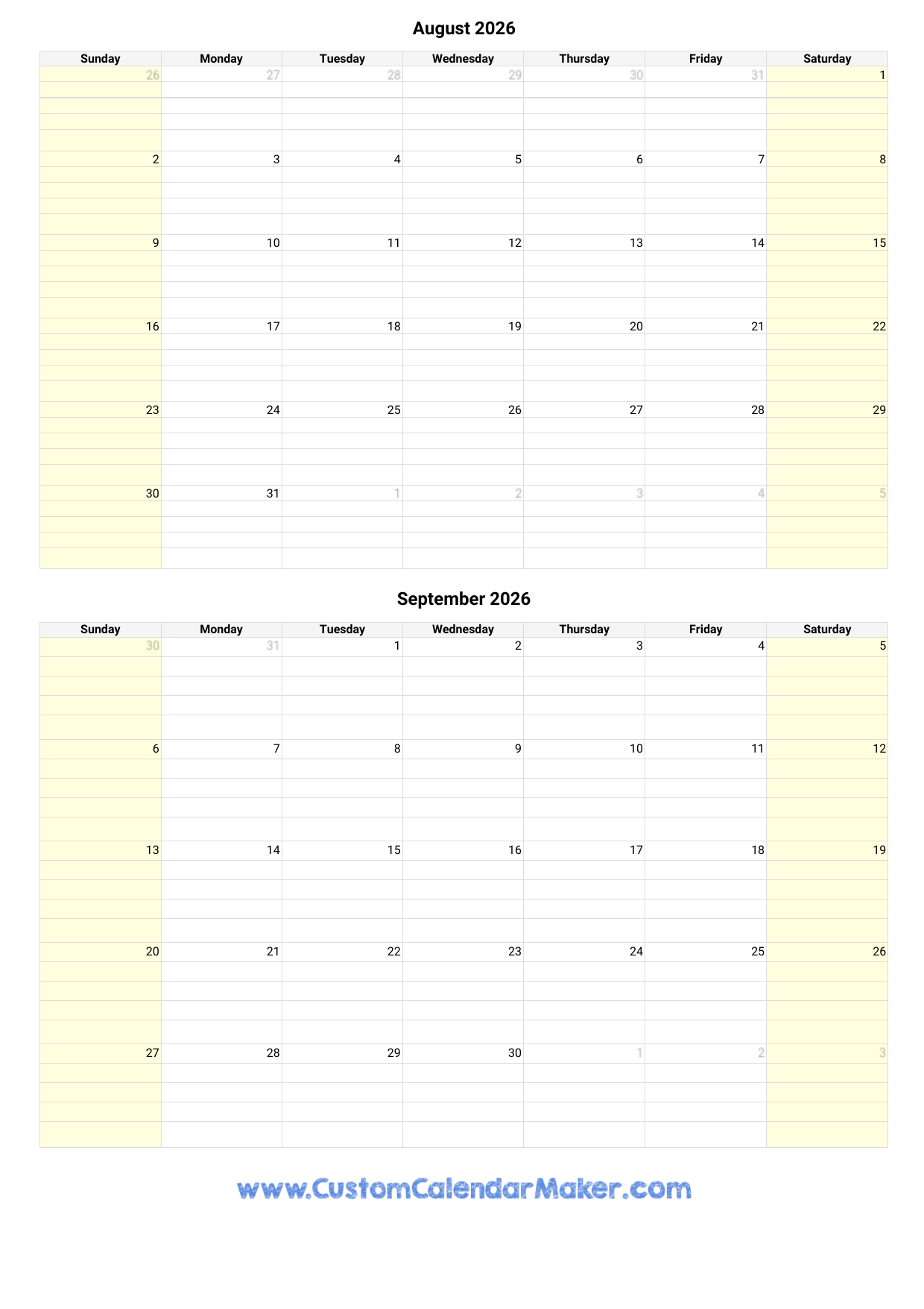 August And September 2026 Calendar Custom Calendar Maker