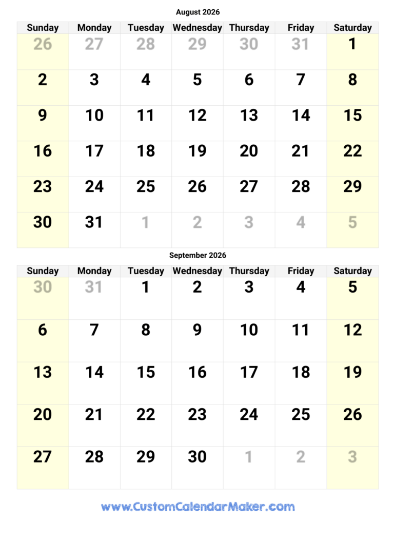 August And September 2026 Calendar Custom Calendar Maker