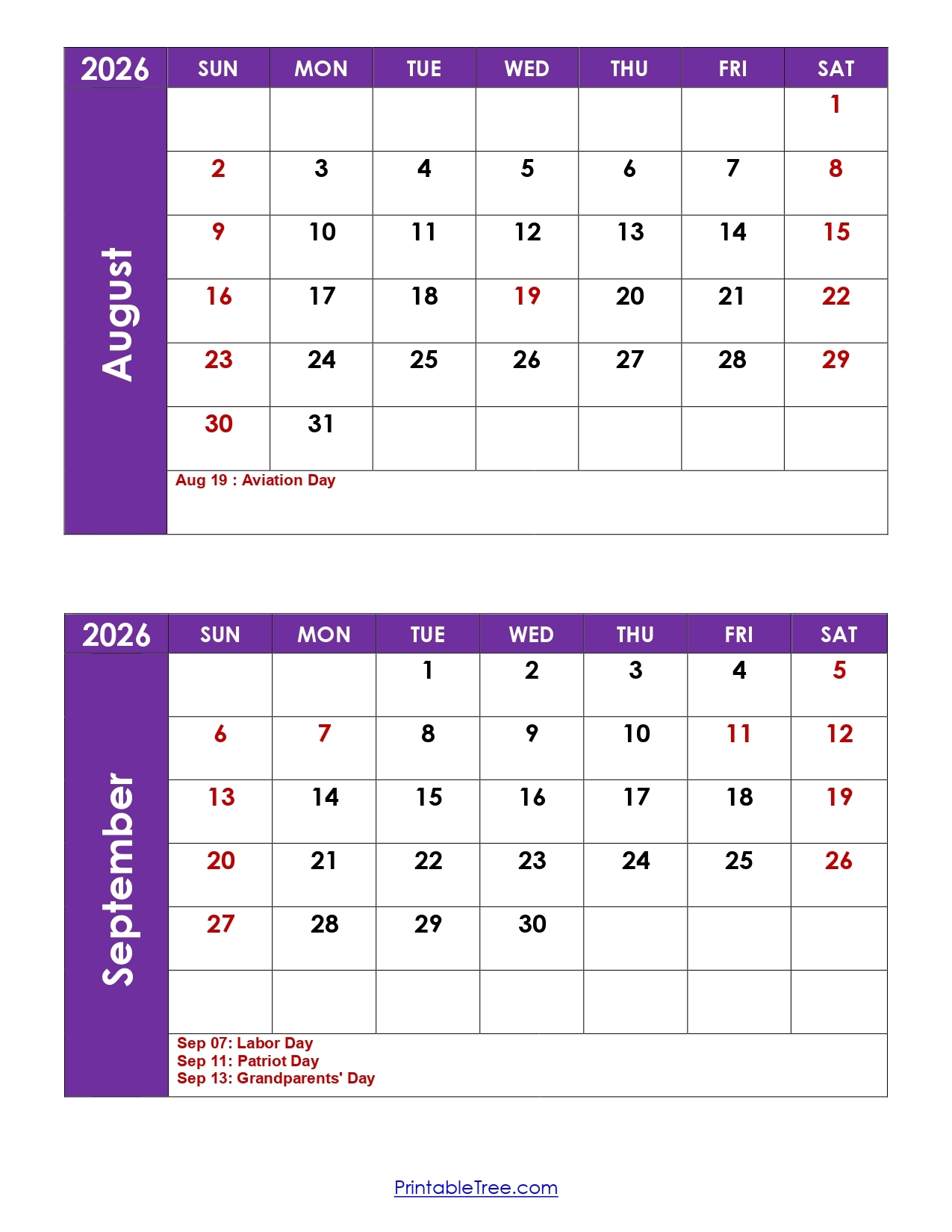 August And September 2026 Calendar Printable PDF 2 Month Calendar Template