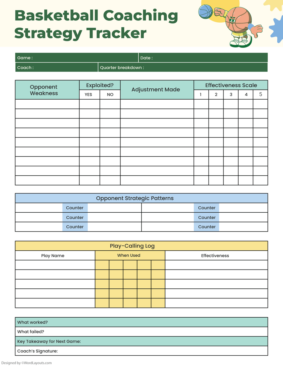 Printable Basketball Assistant Coach Game Sheet