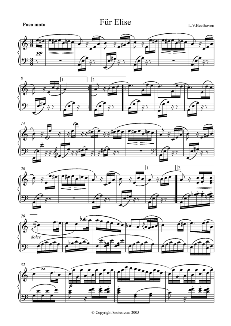 Beethoven Ludwig Van Fur Elise original For Piano Free Sheet Music For Piano 8notes