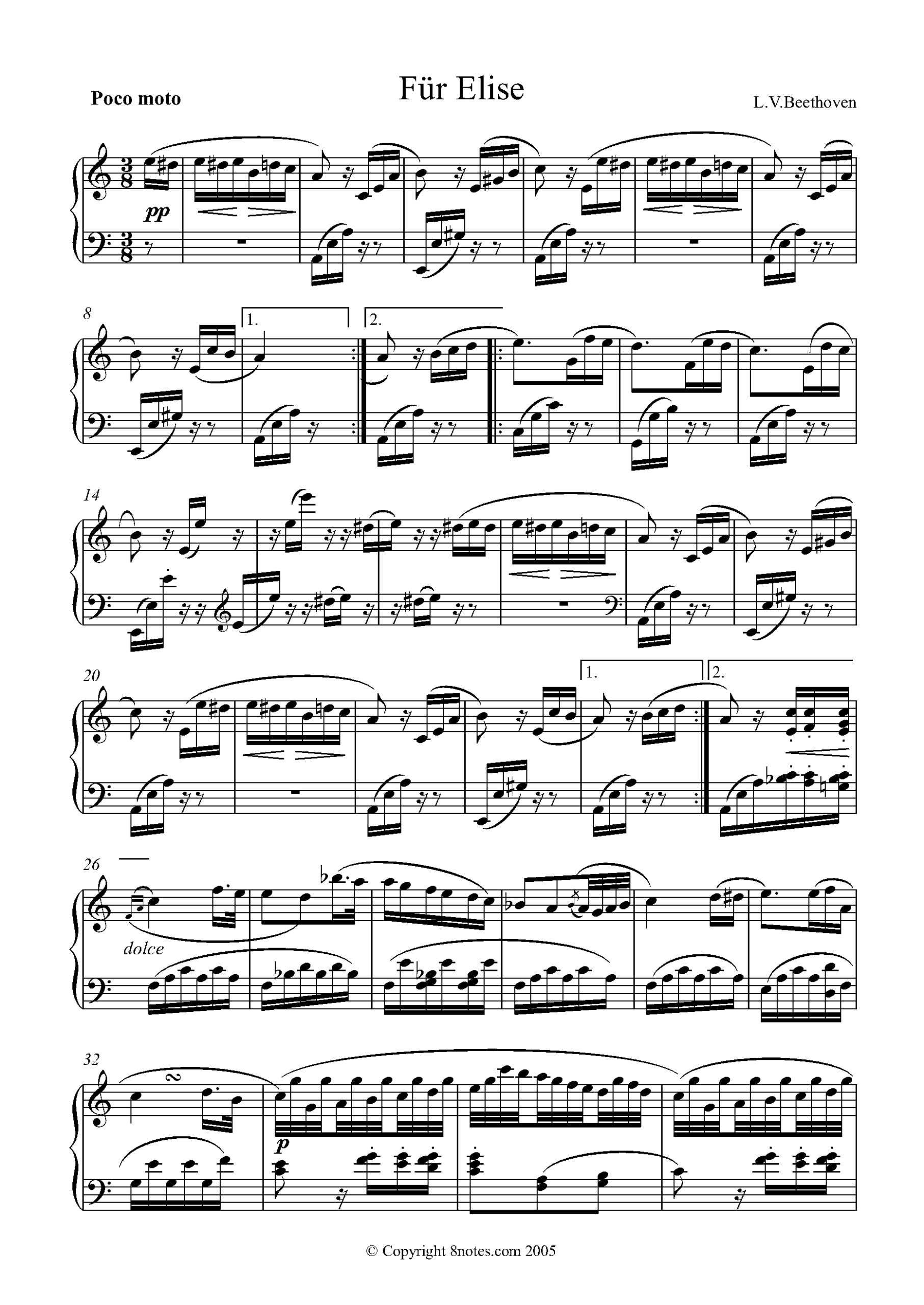 Beethoven Ludwig Van Fur Elise original For Piano Free Sheet Music For Piano 8notes