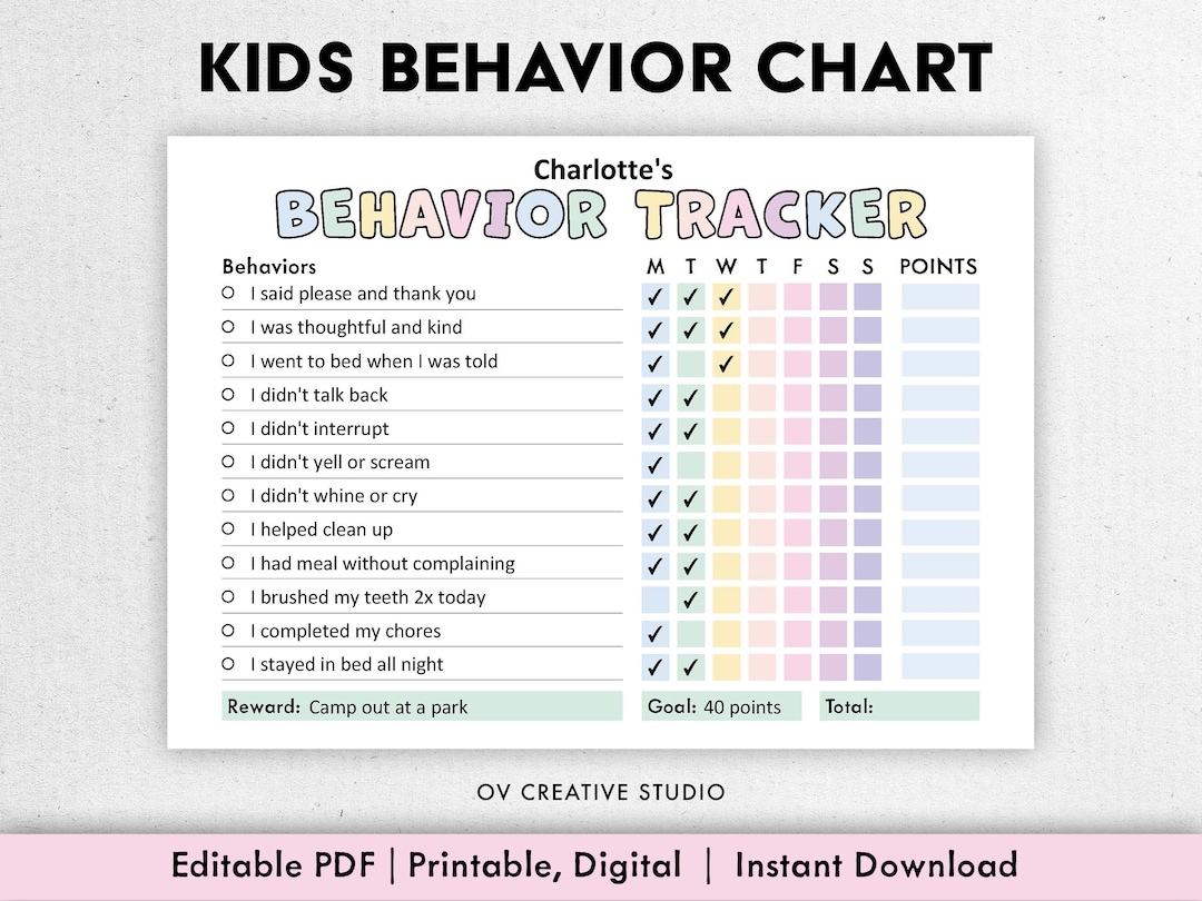Behavior Reward Chart For Kids Printable Editable Digital PDF Good Behavior Tracking Children Behavior Chart Home Classroom Etsy