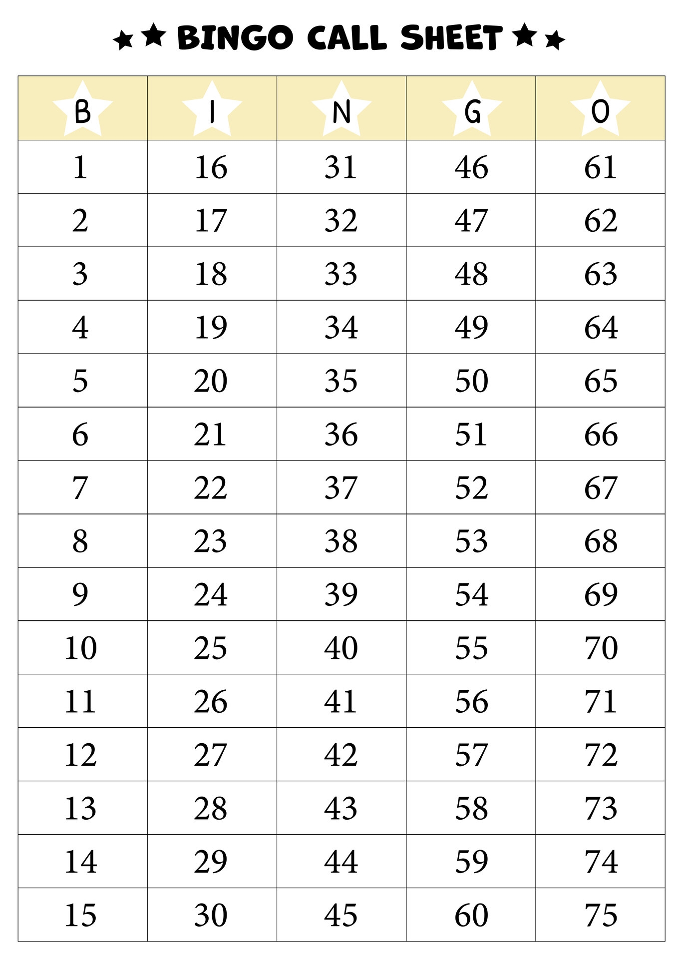 Bingo Master Call Sheet Printable