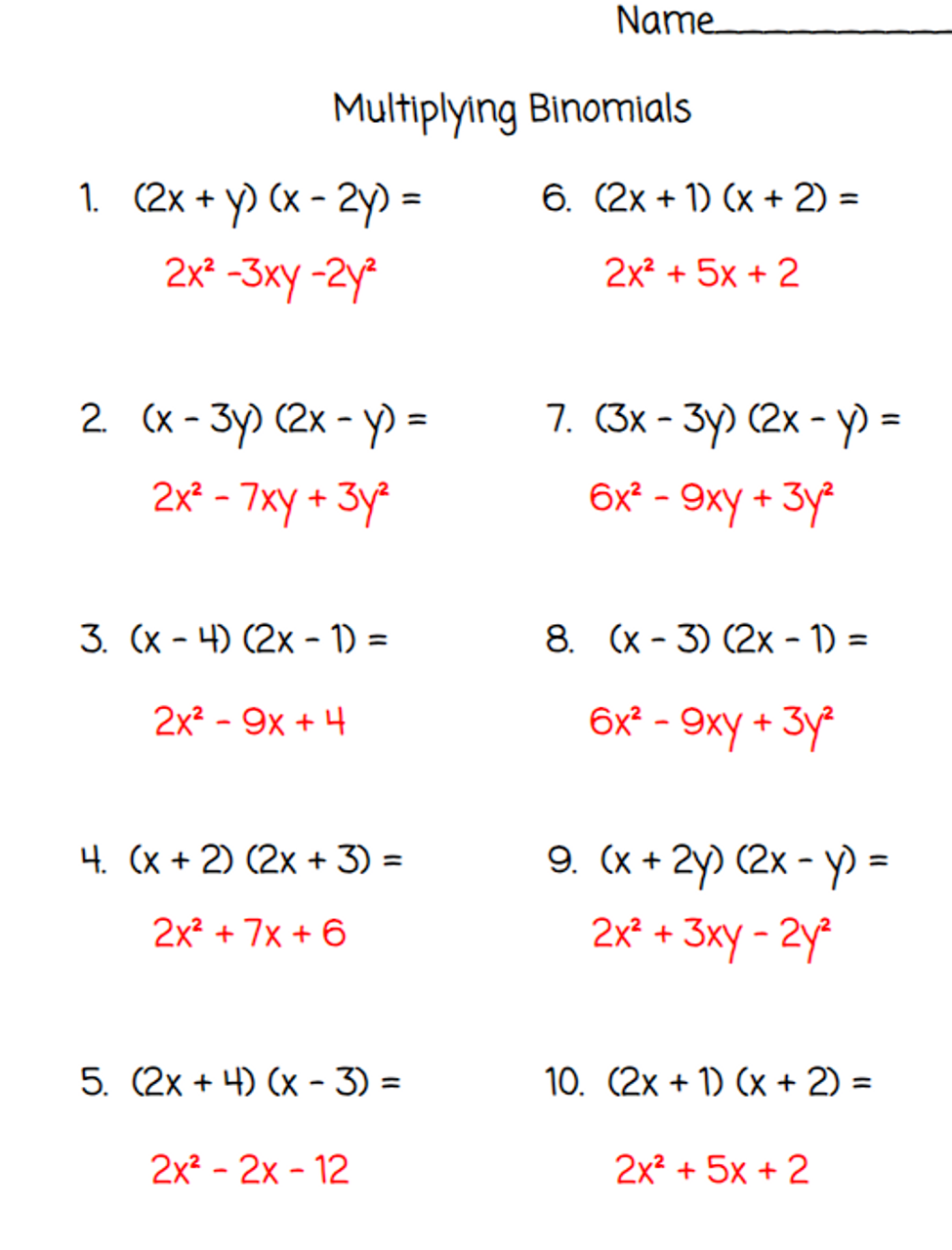 Binomial Multiplication FOIL Practice Sheets Practices Worksheets Library
