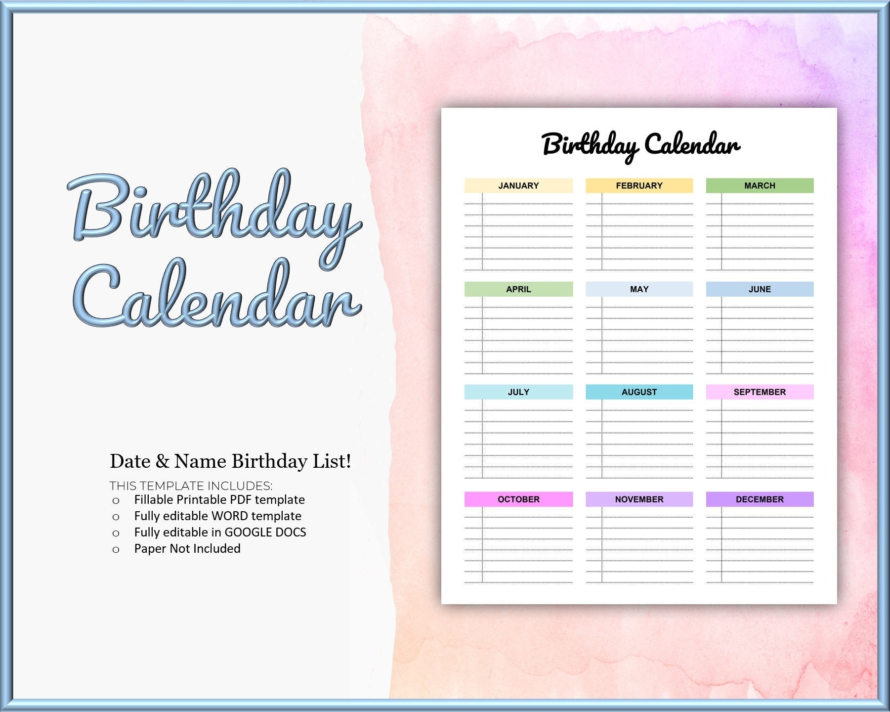 Birthday Calendar Template Birthday Tracker List Editable Printable PDF Word Template Birthday Reminder Dates Planner Insert Organizer Etsy