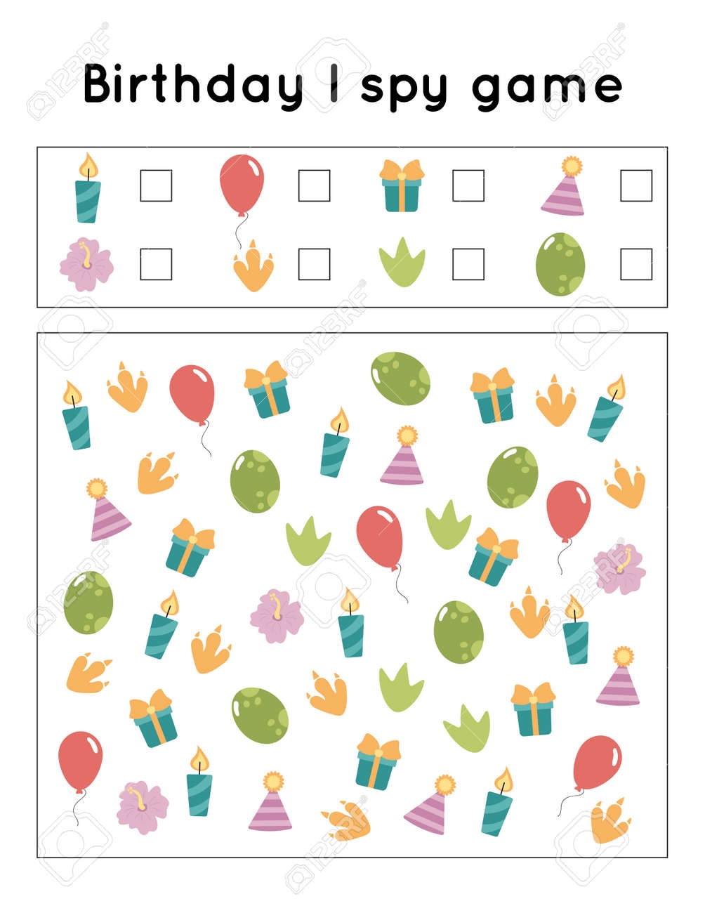 Birthday I Spy Game Search And Count Items Activity Printable Worksheet For Preschool Kids Dinosaur Theme Royalty Free SVG Cliparts Vectors And Stock Illustration Image 156041416 