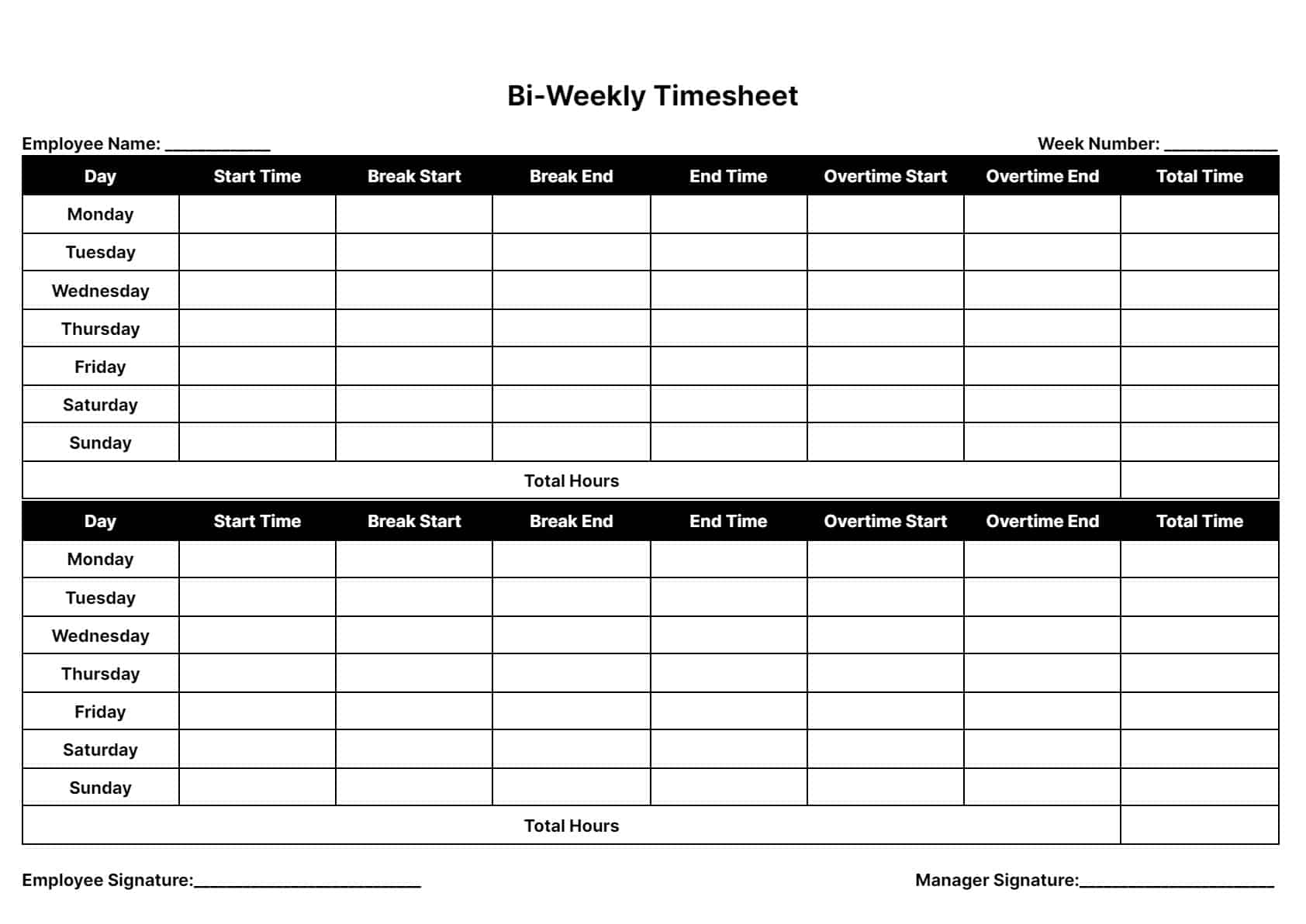 Biweekly Timesheet Template Employee Log Time Tracker Worksheets Library