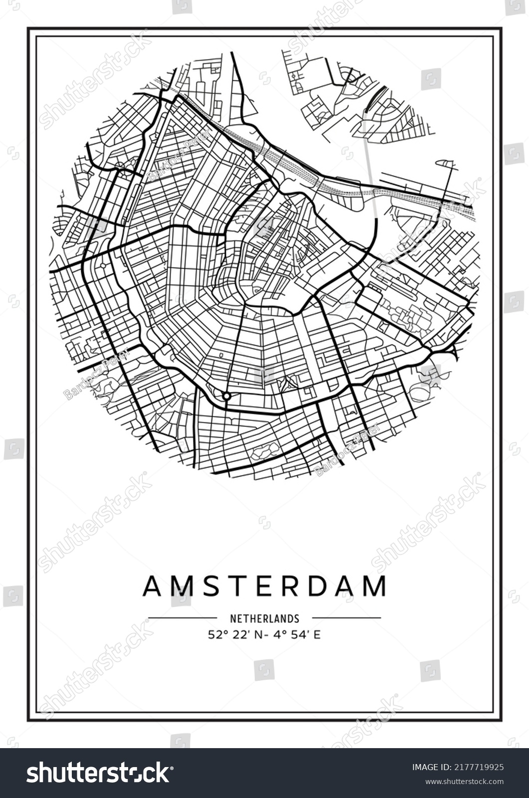 Black White Printable Amsterdam City Map Stock Vector Royalty Free 2177719925 Shutterstock
