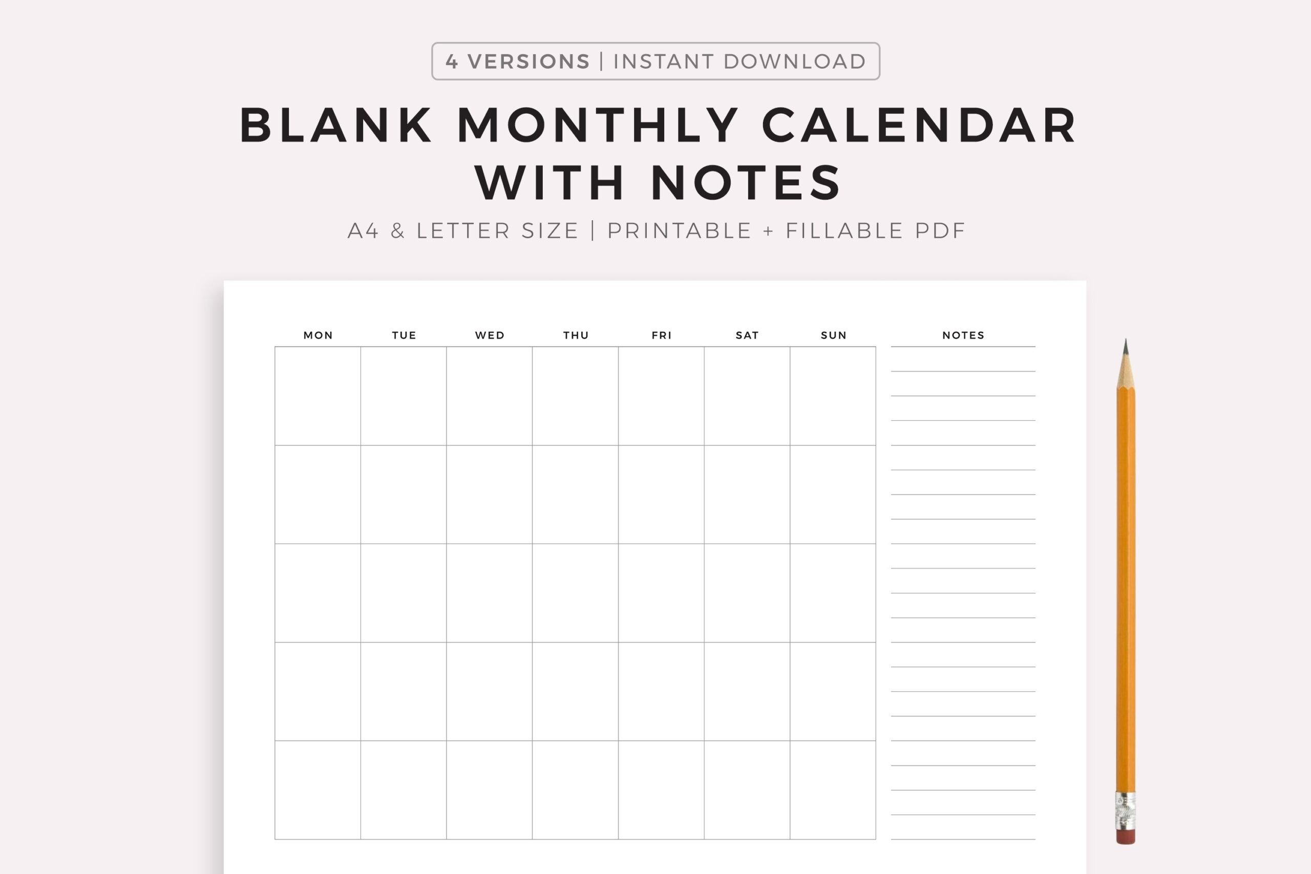Blank Monthly Calendar With Notes Landscape Printable PDF