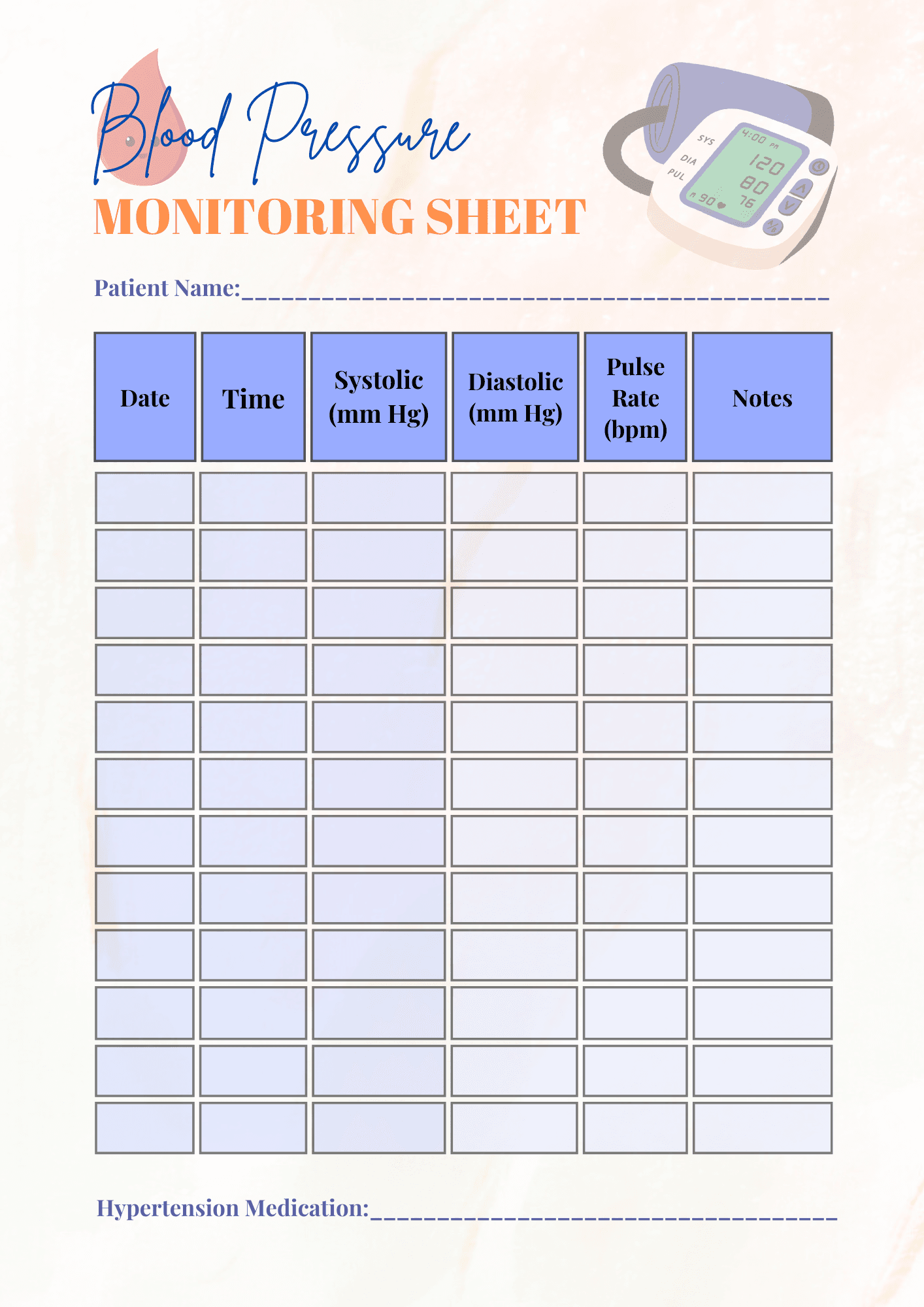 Blood Pressure Monitoring Sheet Printable