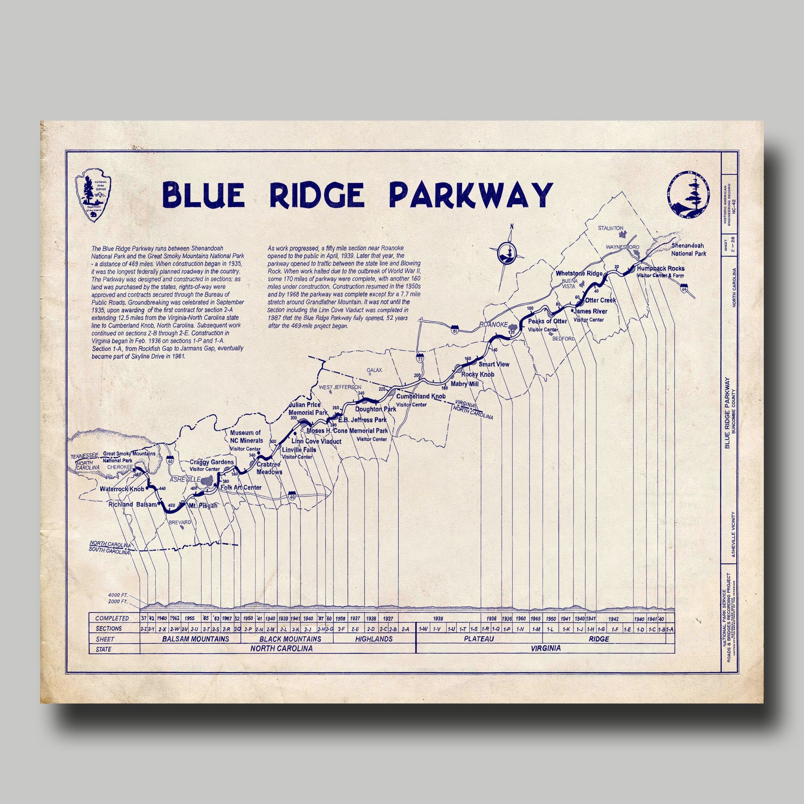 Blue Ridge Parkway Mountains Blueprint Highway Map Print 