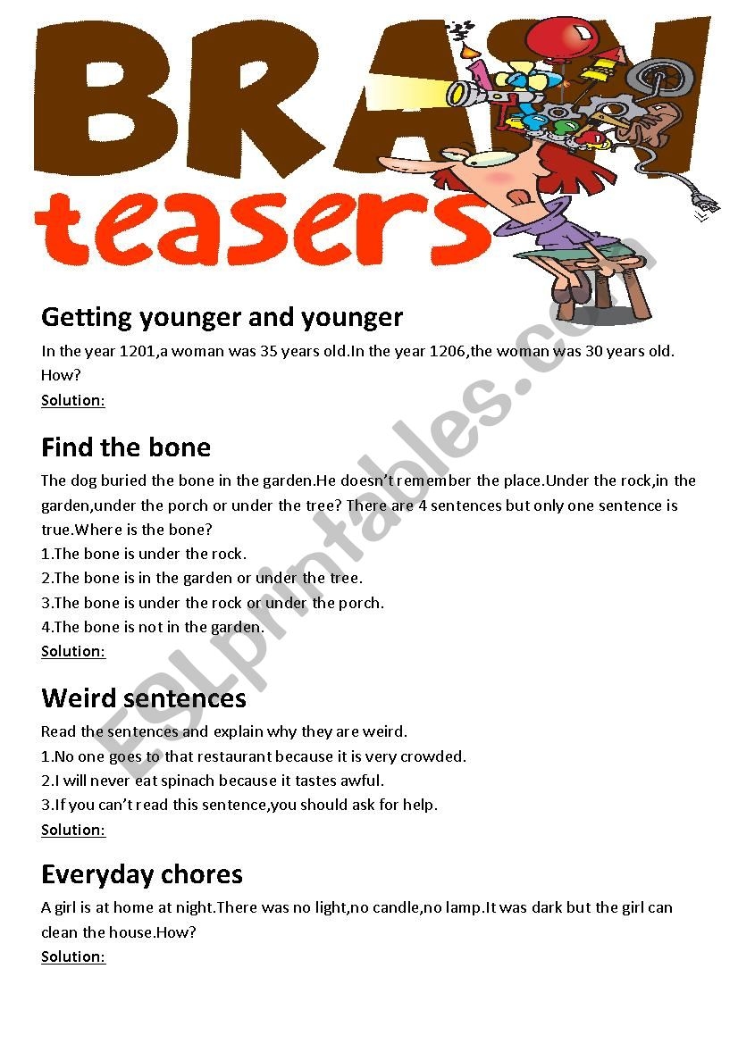 Brain Teasers with Answer Key ESL Worksheet By Cukurova