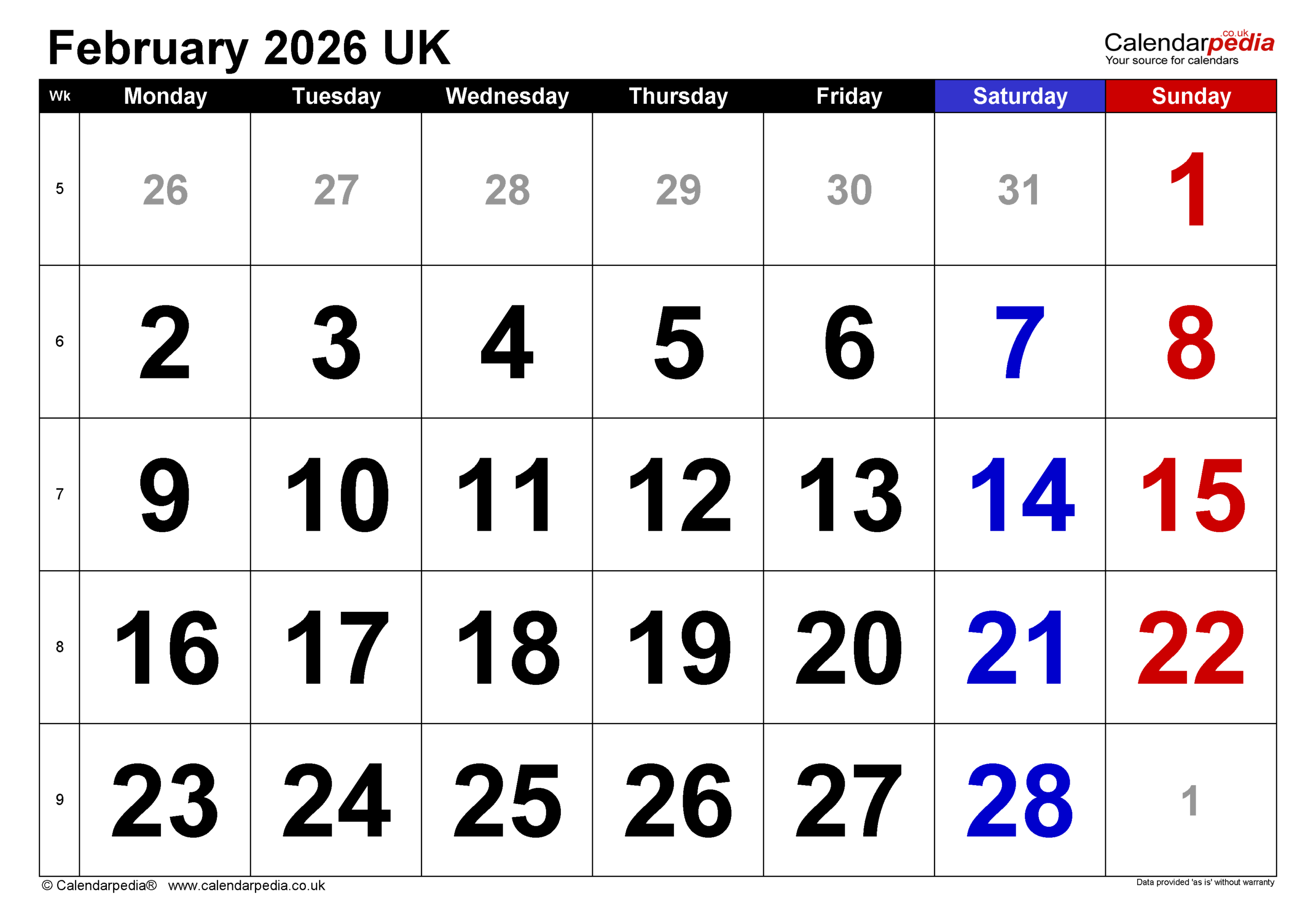 Calendar February 2026 UK With PDF Excel And Word Templates