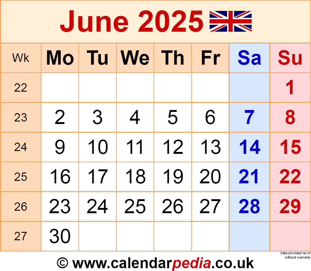 Calendar June 2025 UK With PDF Excel And Word Templates