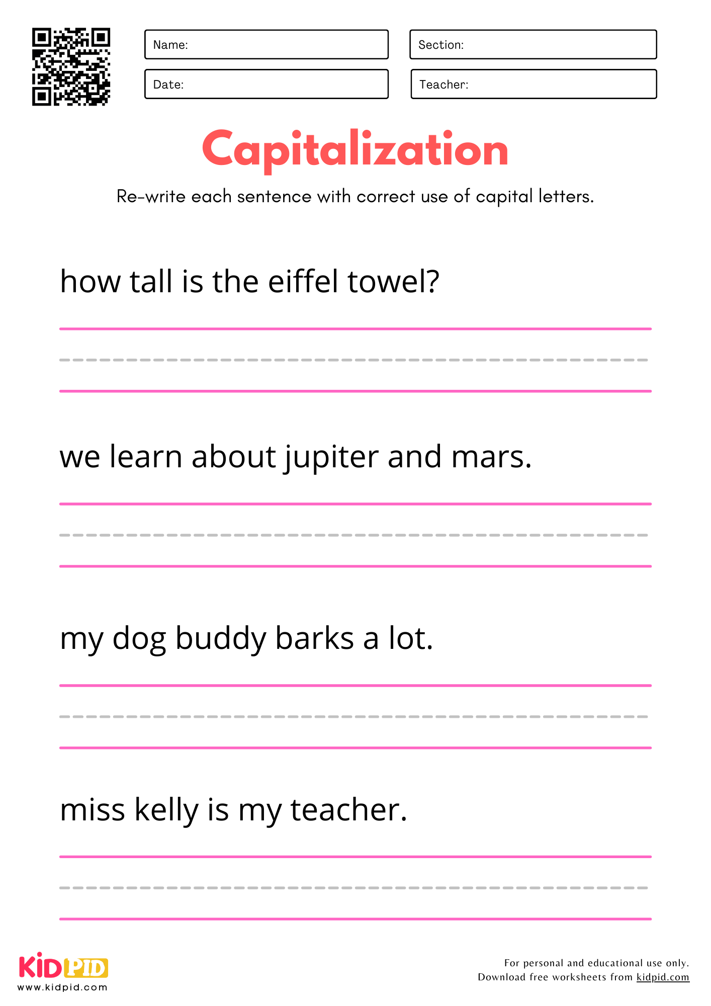 Capitalizations And Sentence Practice Worksheet For Kindergarten 