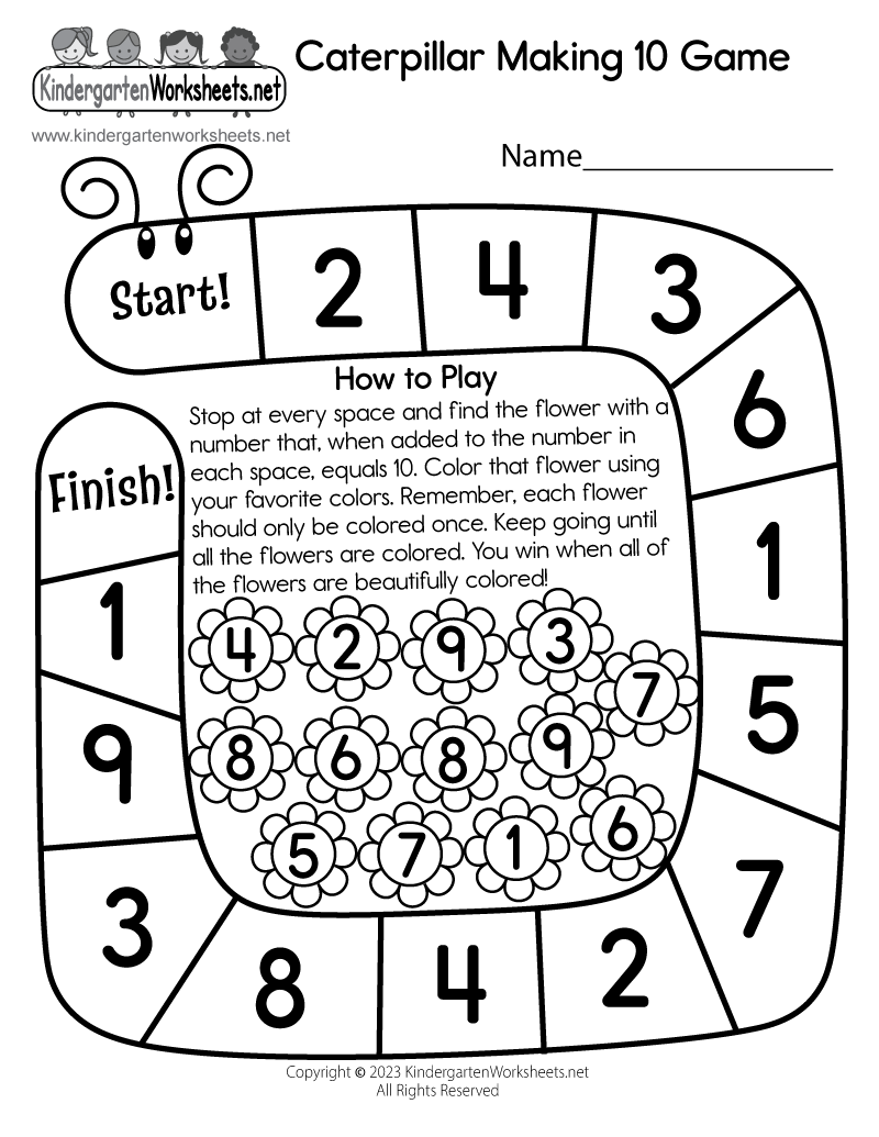 Caterpillar Making 10 Game Worksheet Free Printable Digital PDF