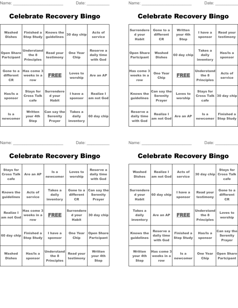 Celebrate Recovery Bingo WordMint