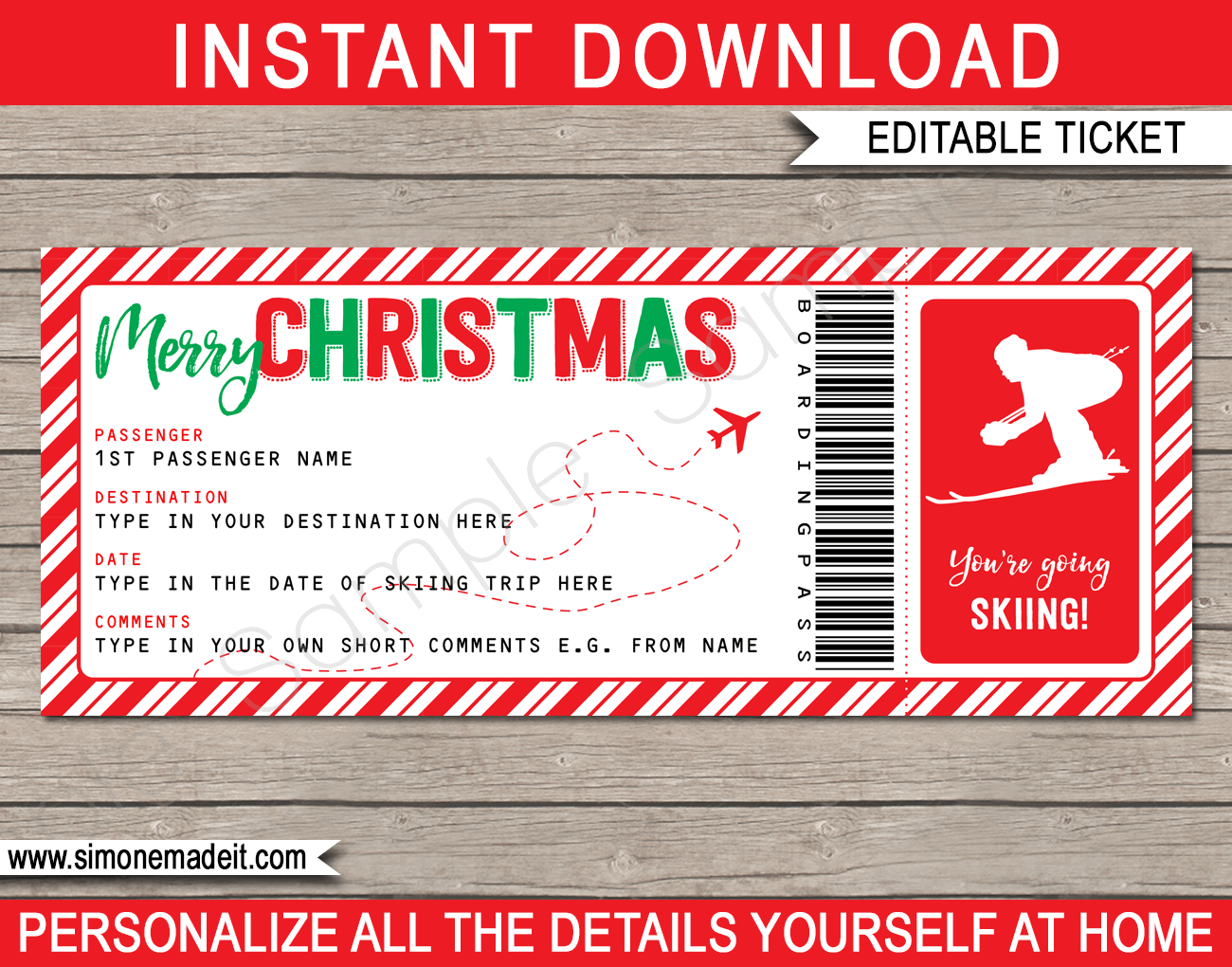 Christmas Ski Boarding Pass Gift Ticket Editable Printable Template