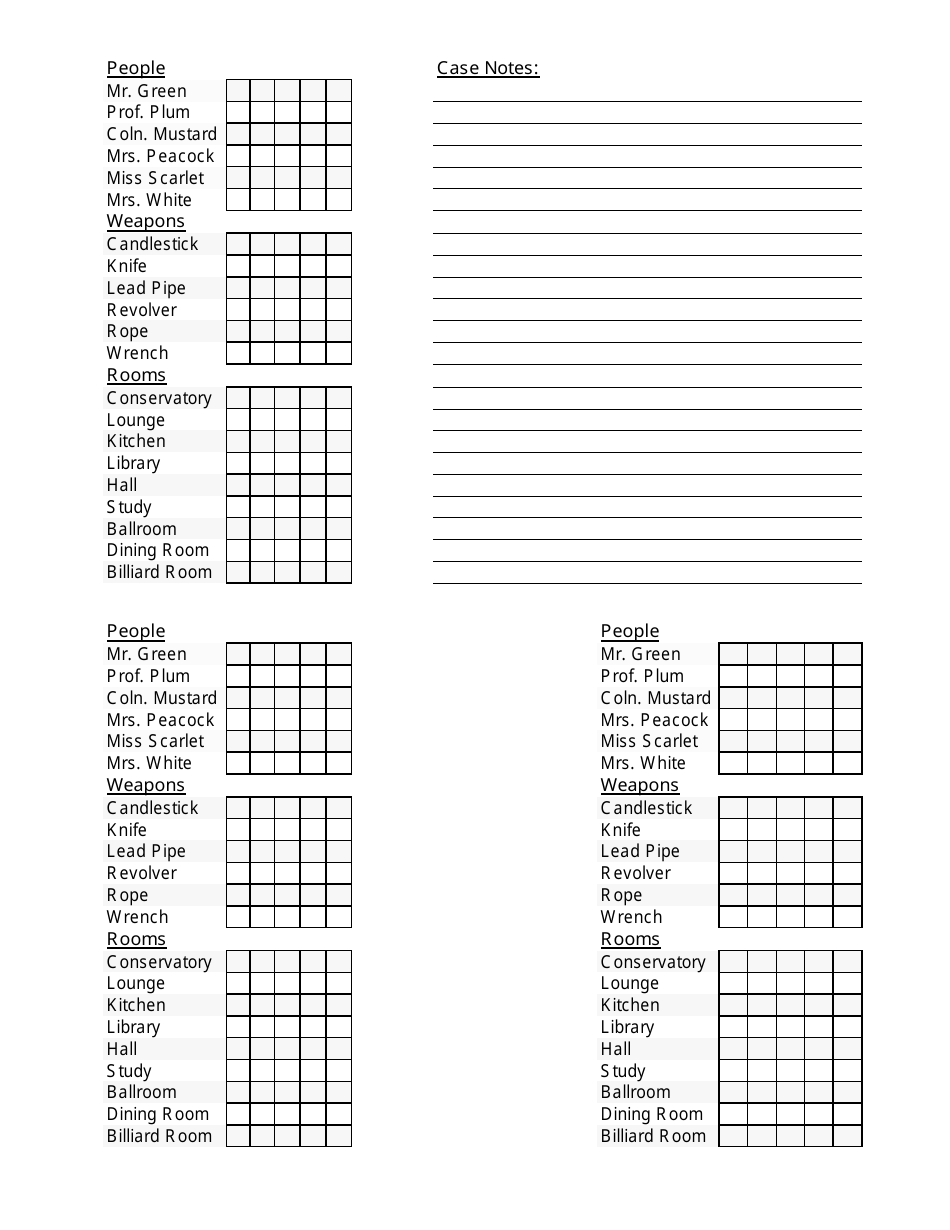Clue Game Sheet With Case Notes Download Printable PDF Templateroller