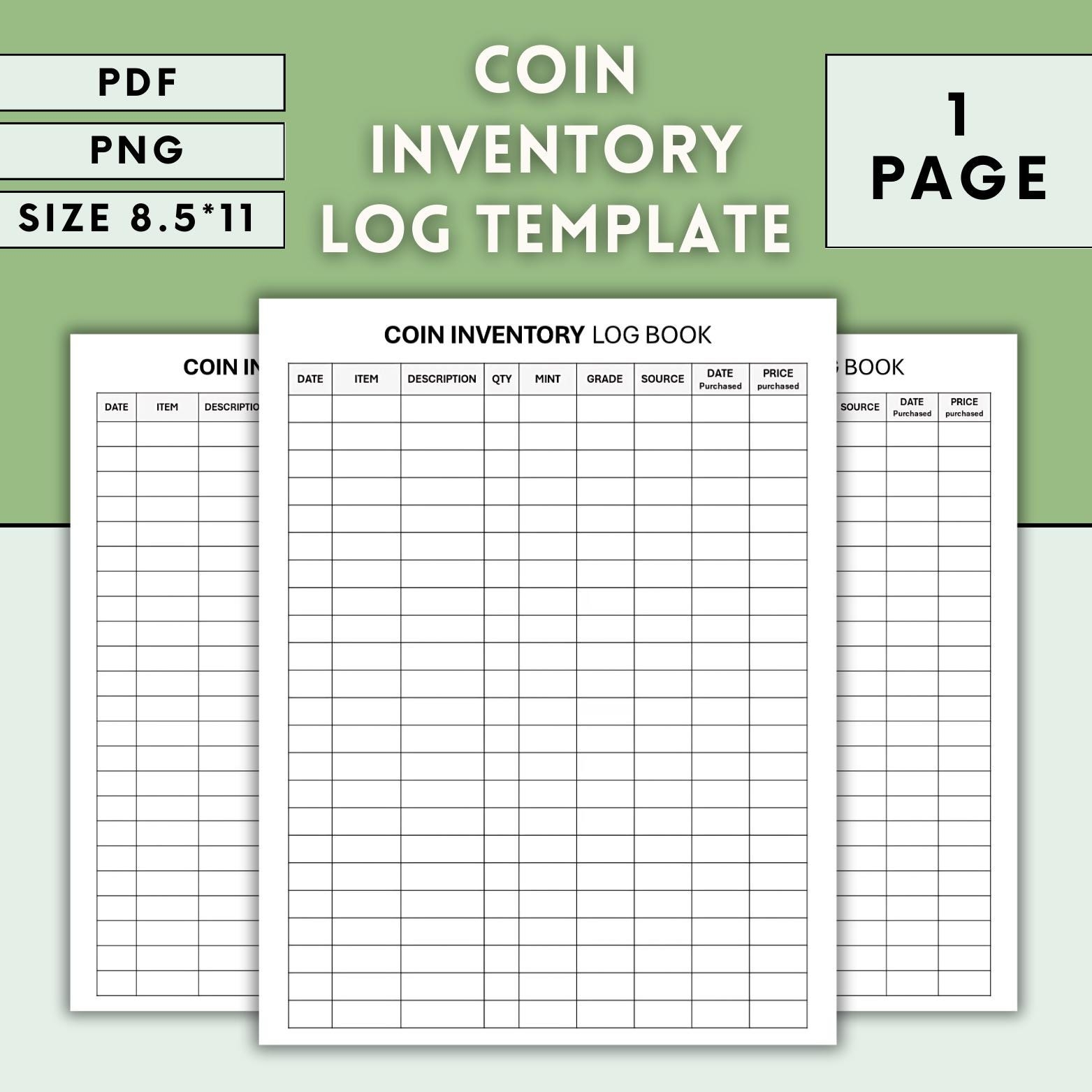 Coin Collection Inventory Log Template PDF PNG Coin Tracker For Collectors Numismatic Collection Record Printable Coin Organizer Etsy