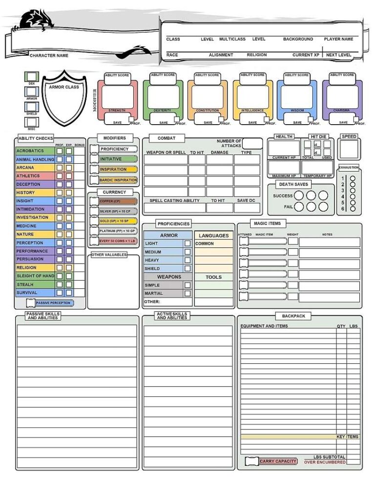 Color Coded Auto Calculating Character Sheet For 5e Dungeons And Dragons Lahrs DriveThruRPG
