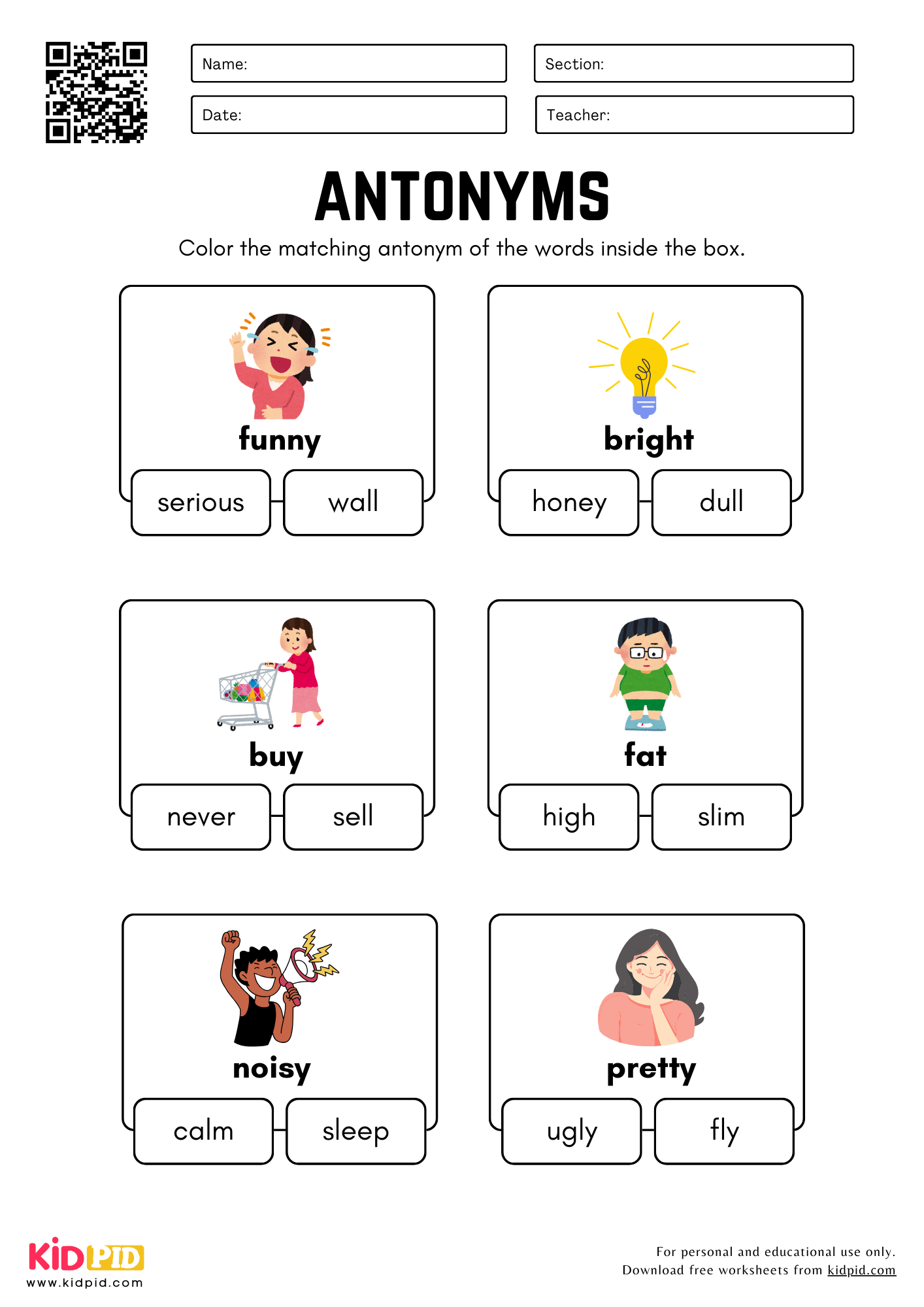 Color The Matching Antonyms Worksheet For Grade 1 Kidpid